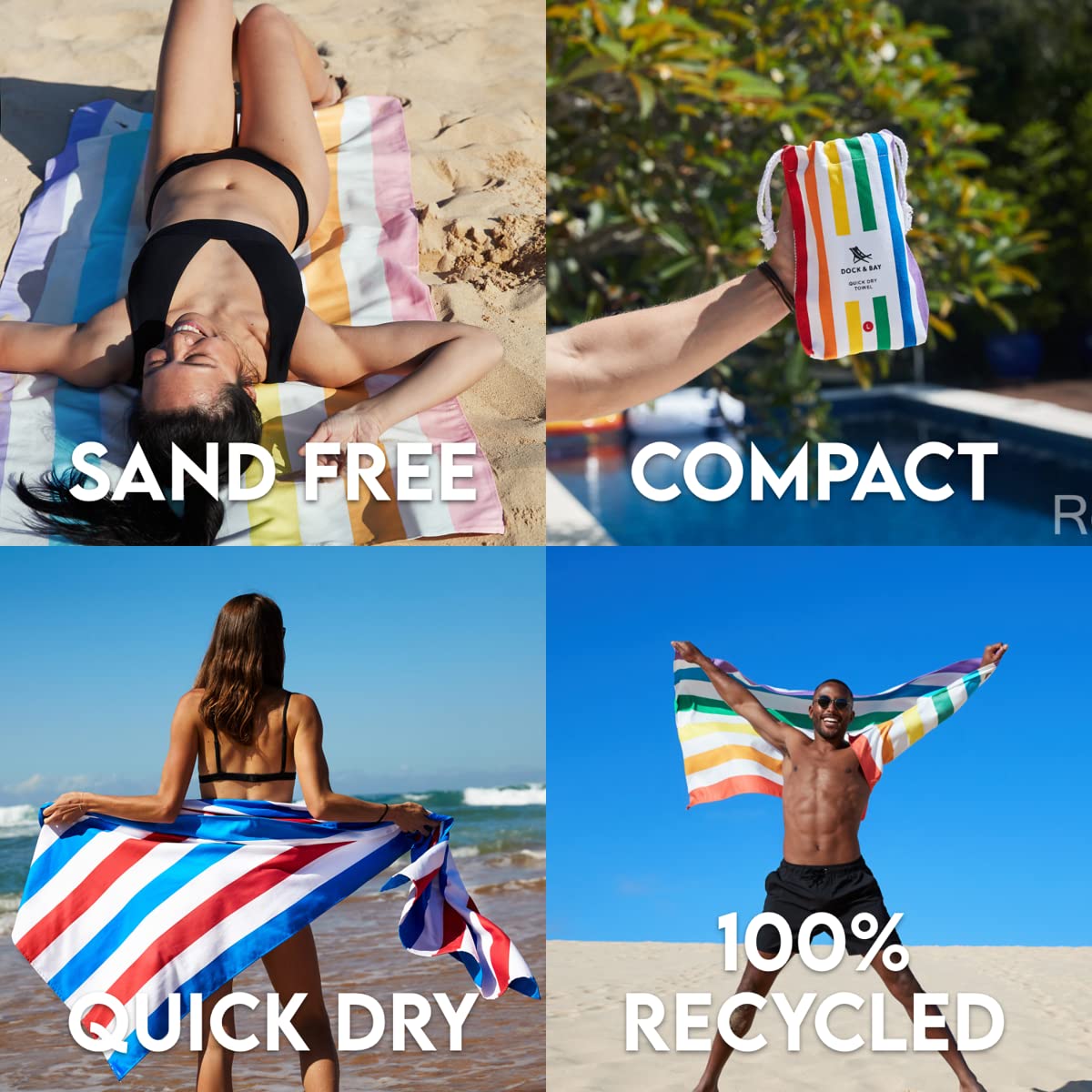 Dock & Bay Beach Towel - Quick Dry, Sand Free - Compact, Lightweight - 100% Recycled - Includes Bag - Summer - Unicorn Waves - L