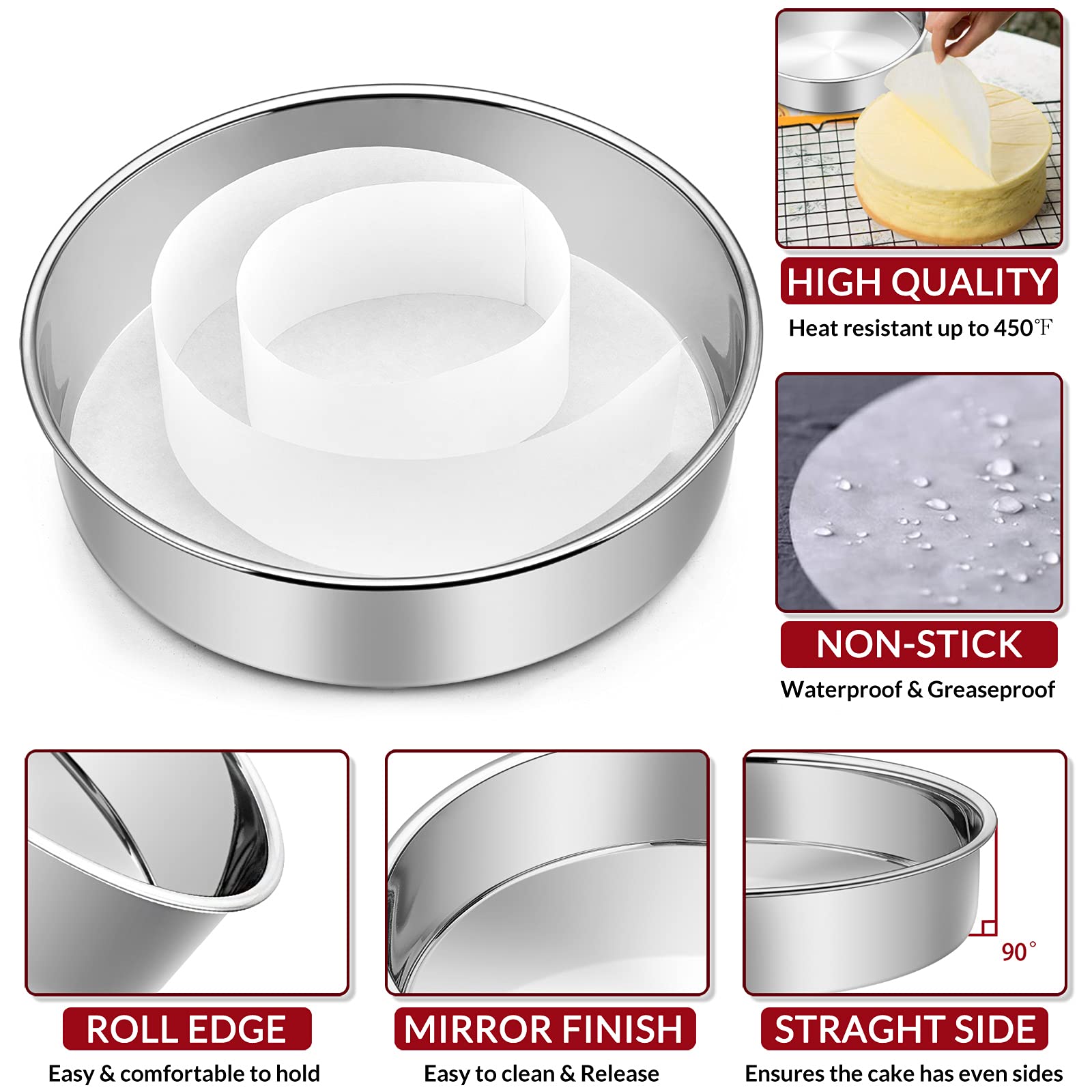 8 Inch Cake Pan Set Of 2, E-Far Stainless Steel Round Layer Cake Baking Pans With Parchment Rounds & Side Liner Roll, Non-Toxic