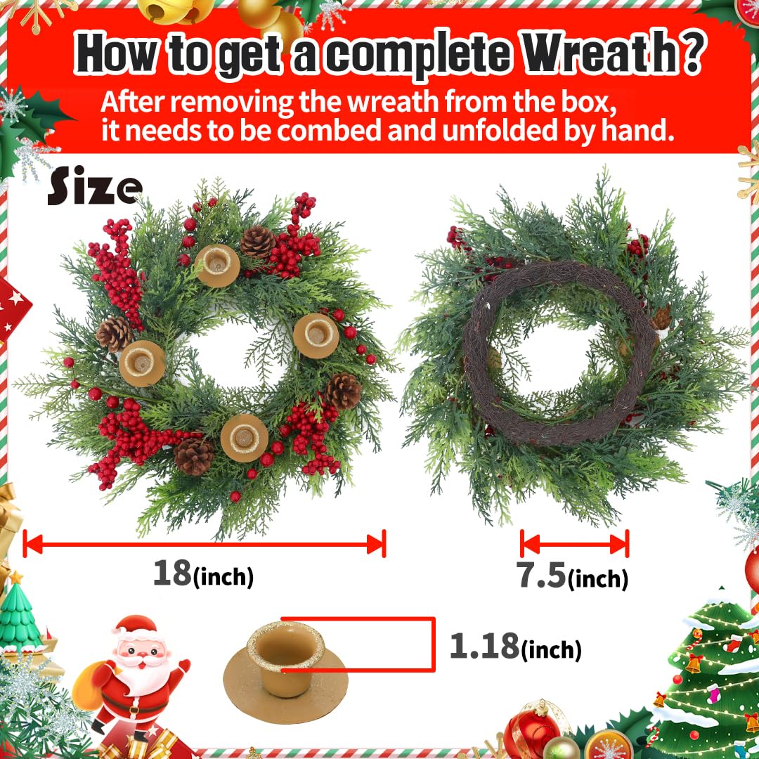 Seasons Christmas Candle Holder Wreath, 18 inch Advent Centerpiece Decor, Candle Wreath Decorations for Table Indoor Home & Chur