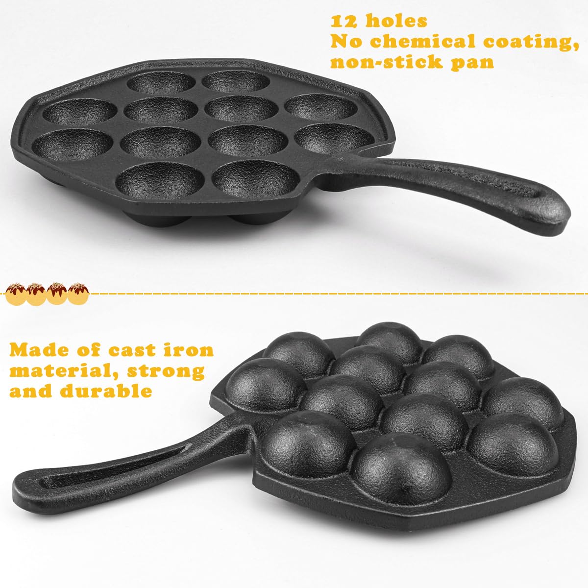 Doerdo Takoyaki Maker Takoyaki Pan Cast Iron Octopus Meat Ball Mold Nonstick Baking Tray For Octopus Balls, 12 Holes