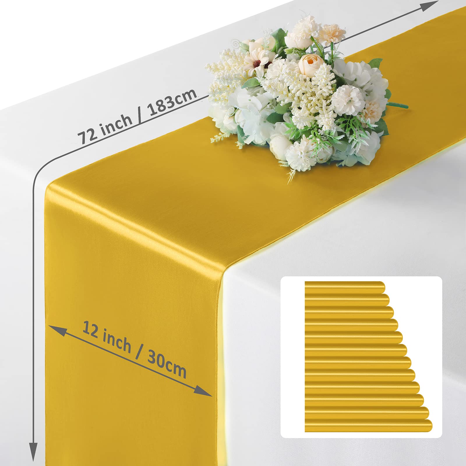 Manyshofu 12Pcs Satin Gold Runner - 12 x 72 Inch Long Size  Party Table Runner Decor Bright & Smooth Wedding Decorations Table Runner for Banquet Chef Birthday Buffet Dinner Graduations