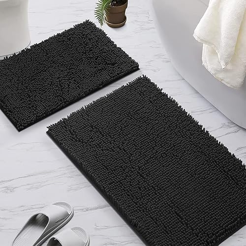 SONORO KATE Bathroom Rug Non-Slip Bath Mat Soft Cozy Shaggy Thick Bath Rugs for Bathroom Plush Rugs for Bathtubs Water Absorbent Rain Showers and Under The Sink (Black  17'' x 47'' Plus 17'' x 24'')