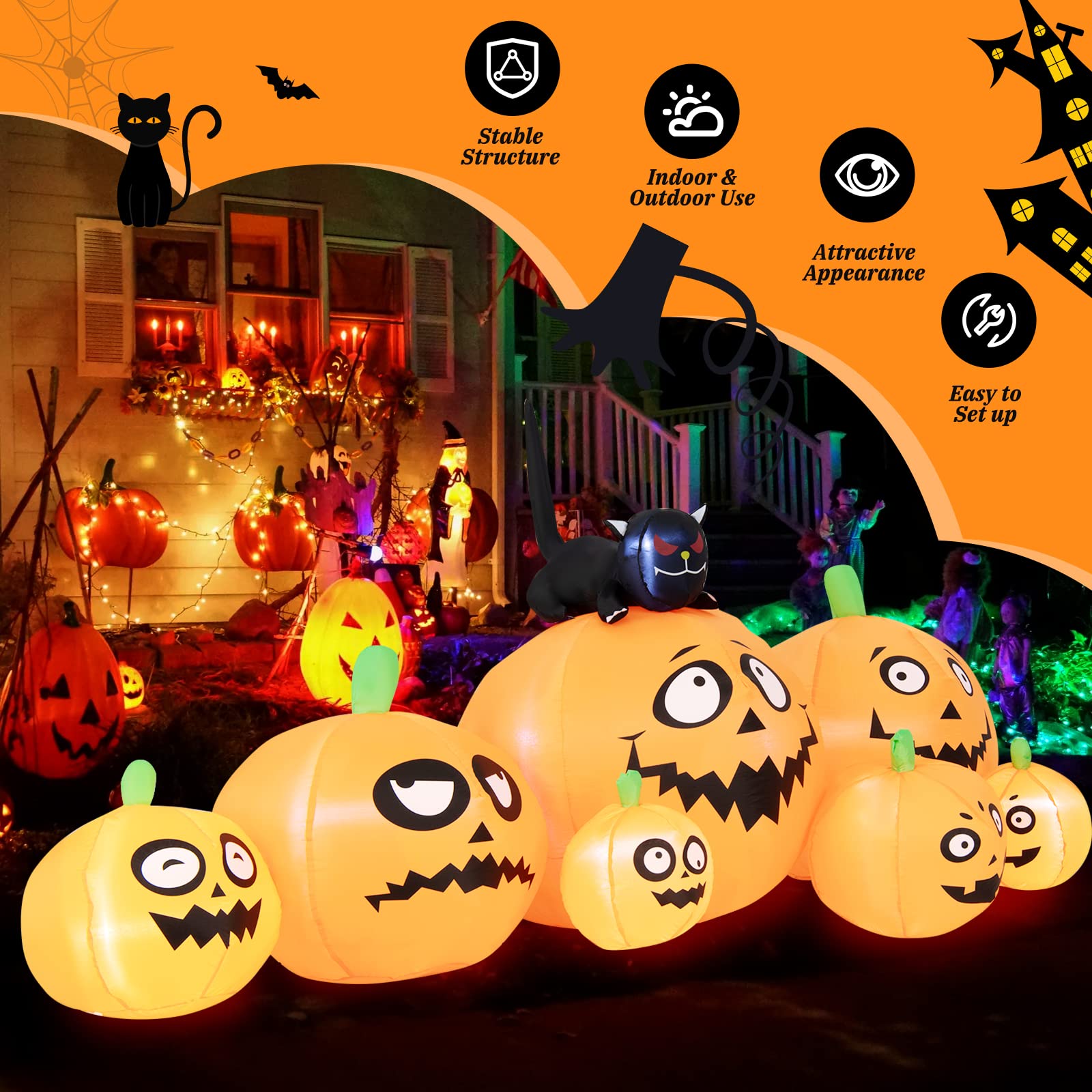 Tangkula 8 FT Halloween Inflatable Pumpkin Patch Lanterns with Witchs Cat, Blow Up 7 Pumpkins Family with Built-in LED Lights &