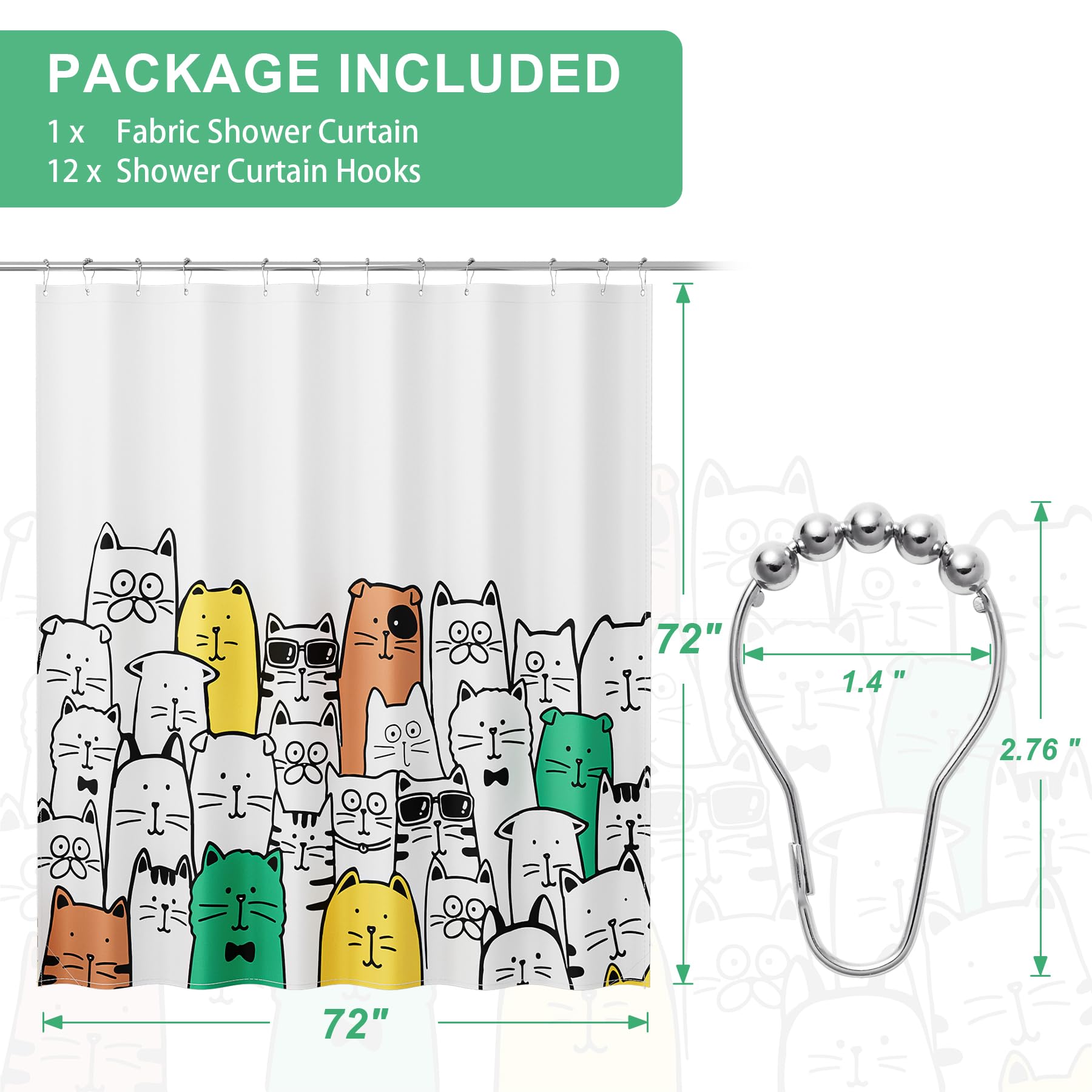 Amazerbath Shower Curtain, Washable Cute Kitty Carnival Cloth Shower Curtain Set With 12 Metal Hooks, Kawaii Waterproof Fabric B