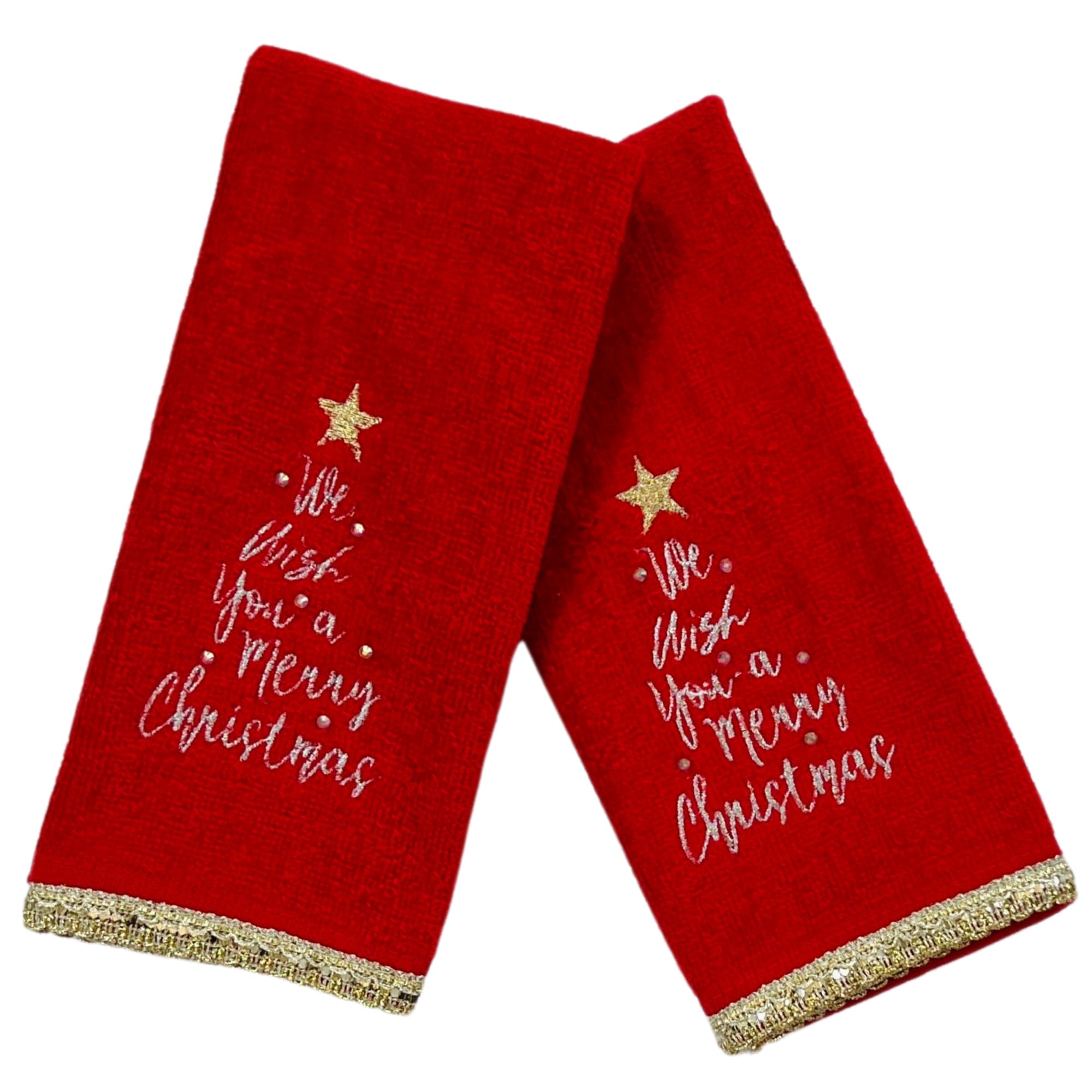 Serafina Home Holiday Christmas Bath Fingertip Towels, Embroidered Gold We Wish You A Merry Christmas With Gold Lace Hem, 2 Piec