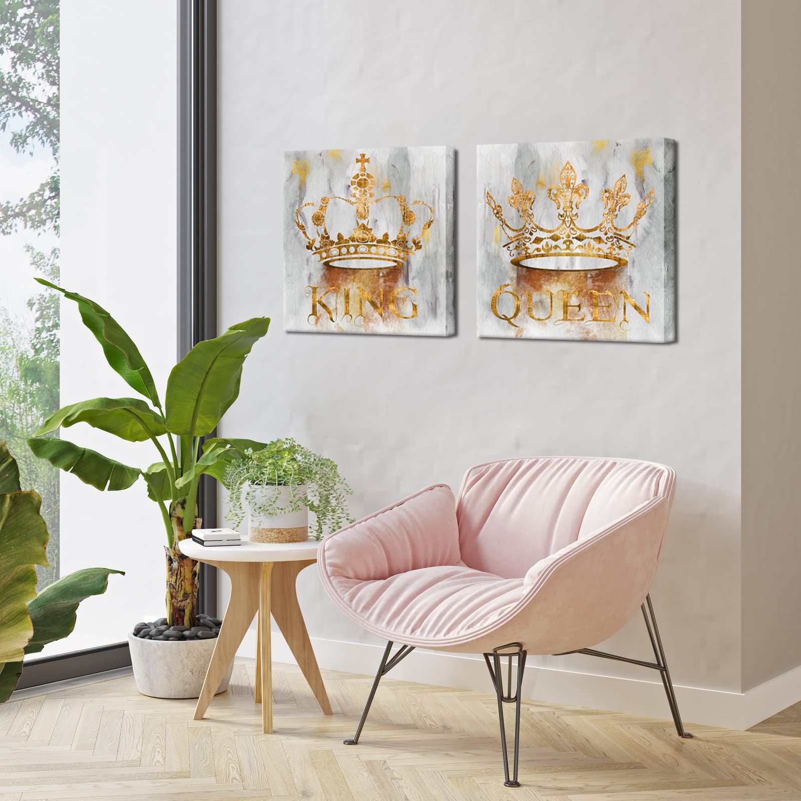 Sechars King And Queen Canvas Wall Art Crown Painting Prints Gold And Grey Bedroom Decoration Couples Annivesary Wedding Gifts 2