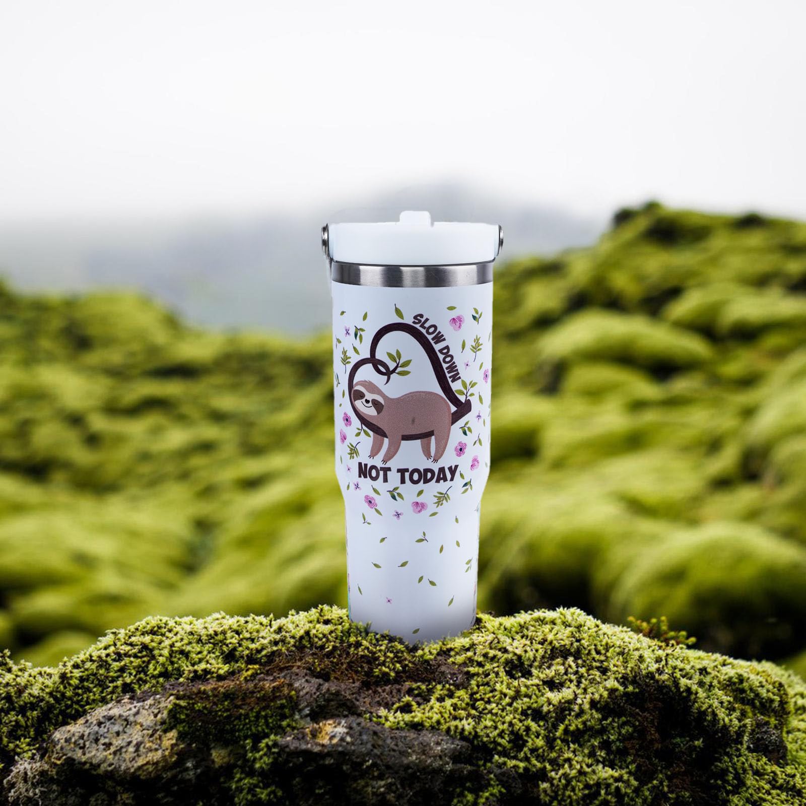 Xuehuapiaopiao Sloth Mug 30 Oz Tumbler With Handle Flip Straw Leak Proof - Sloth 30Oz Tumbler Travel Coffee Mug With Handle - Bi