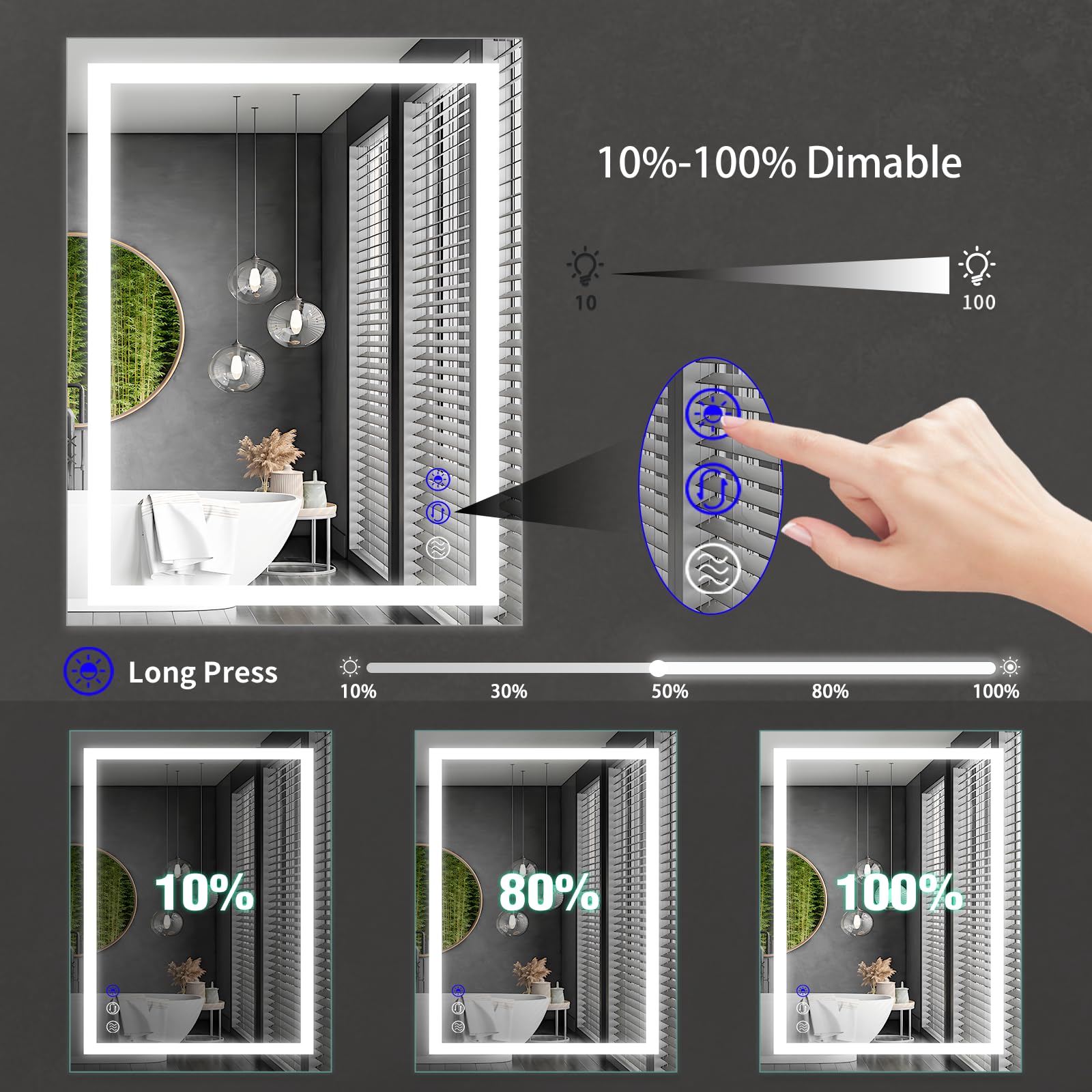 Led Bathroom Mirror, 32X24 Inch Fronlit Bathroom Vanity Mirror With Lights, Stepless Dimmable Wall Mirror, 3 Colors Lighting, An
