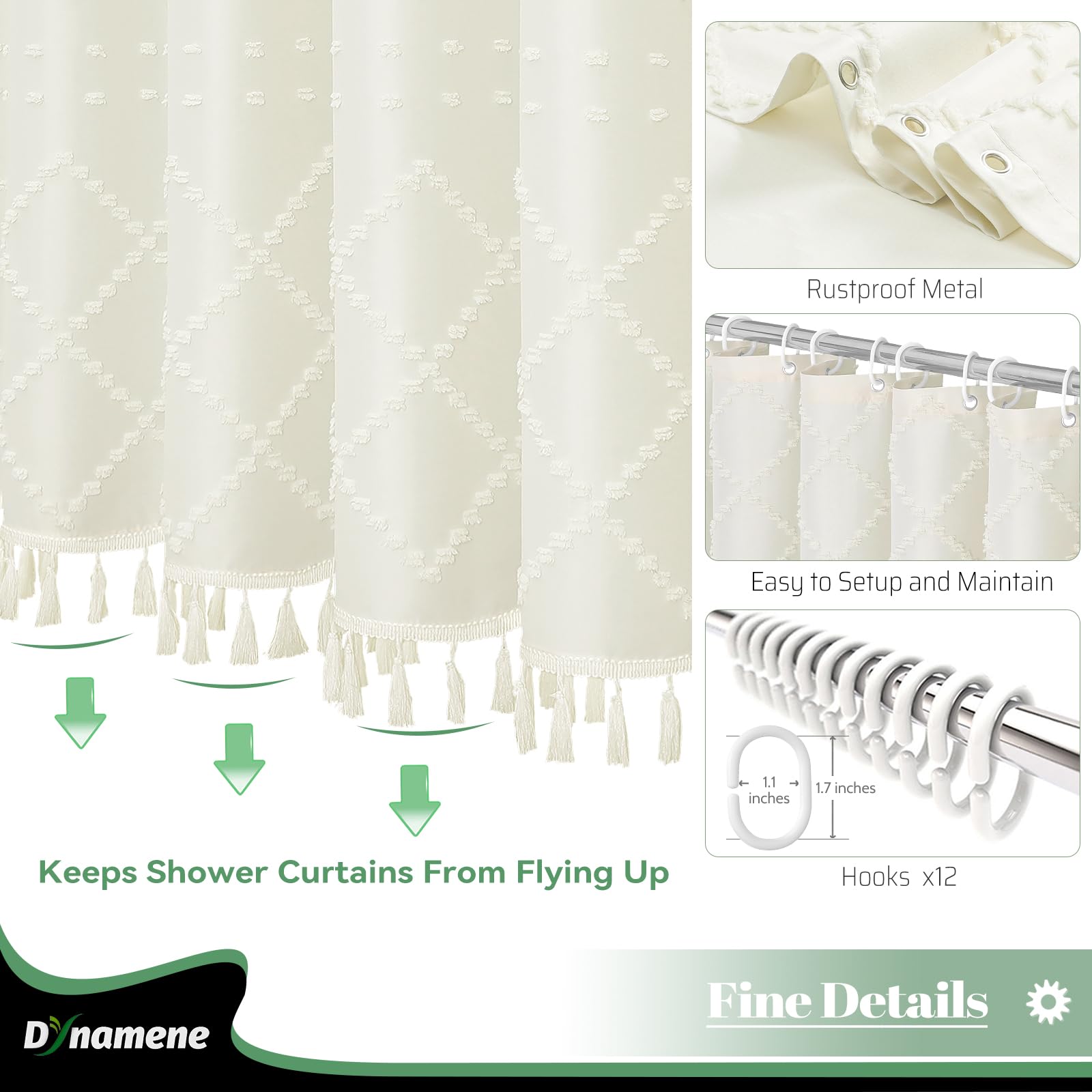 Dynamene Cream Fabric Shower Curtain, Boho Tufted Geometric Striped Tassel Shower Curtain For Bathroom, Shabby Chic Textured Mod