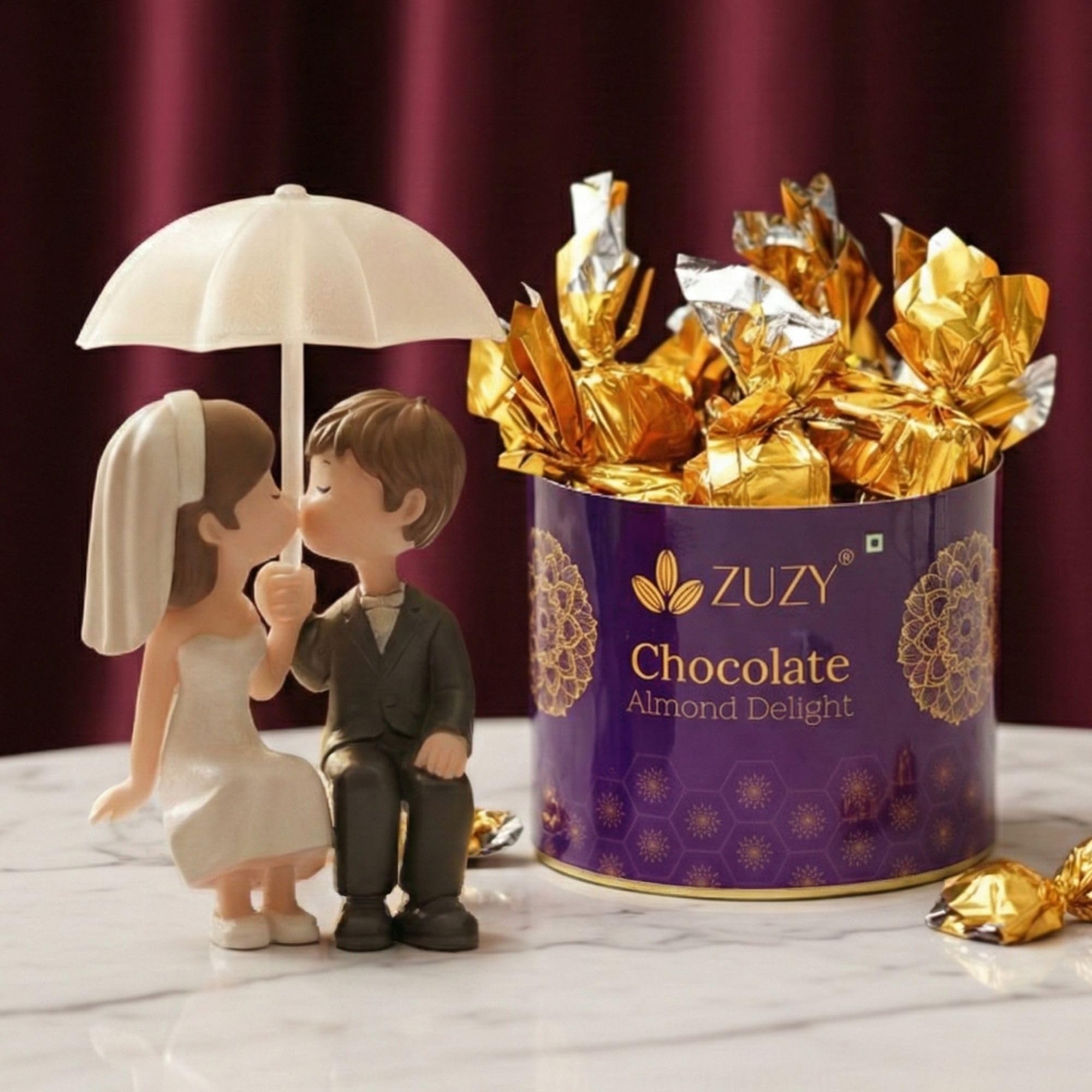 Ecraftindia Romantic Couple Statue Under Umbrella Showpiece | Zuzy Almond Chocolates Gift Box | Valentine Gift For Girlfriend Bo