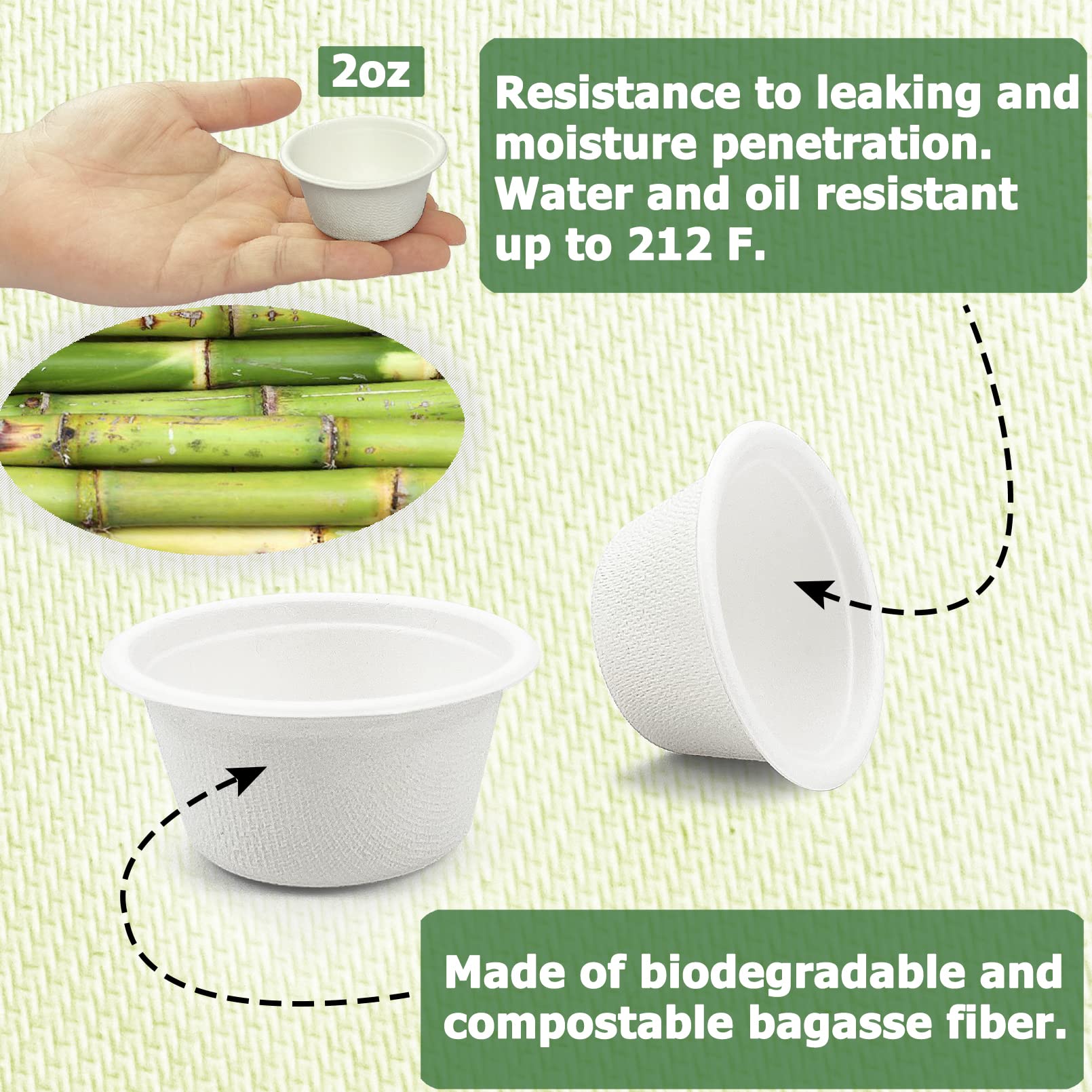 CAMKYDE 2 oz Disposable Bagasse Fiber Souffle Cups 100pk  100% Natural Biodegradable Compostable Condiment Cups Sample Cups Tasting Cups (White  Pack of 100)