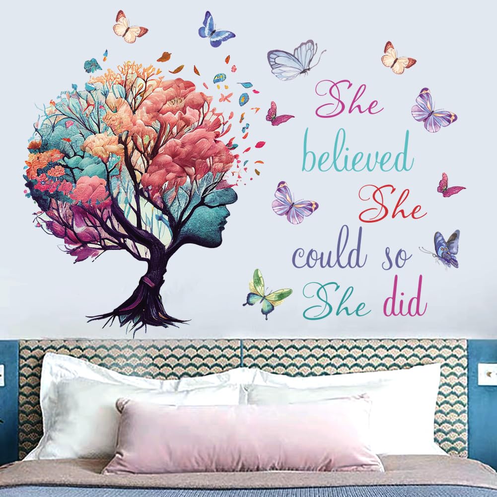 Inspirational Wall Decal Quotes She Believe She Could So She Did Tree Wall Sticker Wall Art Positive Sayings Sticker Butterfly W