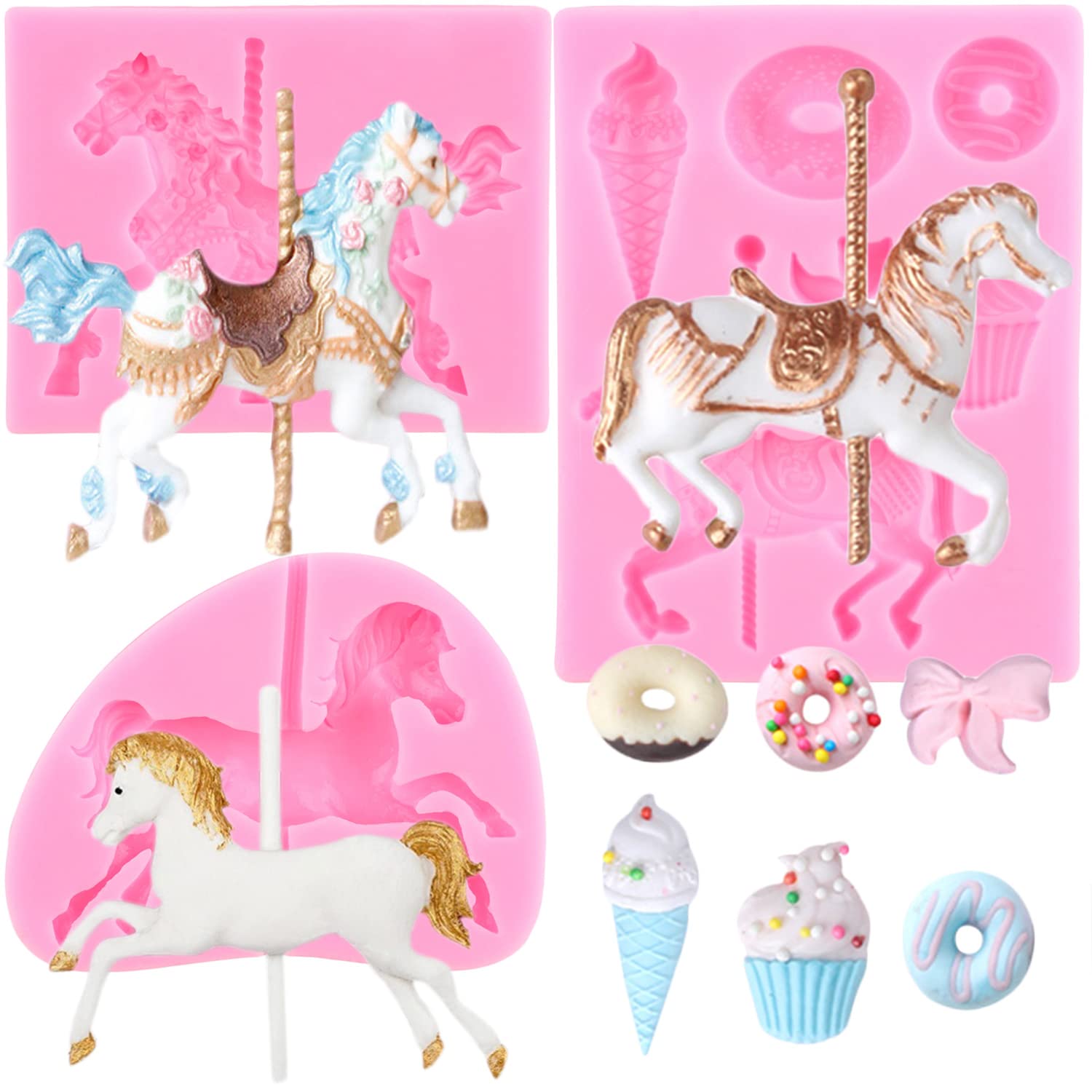 Mujiang Carousel Horse Silicone Fondant Mold 3D Merry-Go-Round Chocolate Lollipop Gum Paste Mold For Baby Shower Cake Decorating