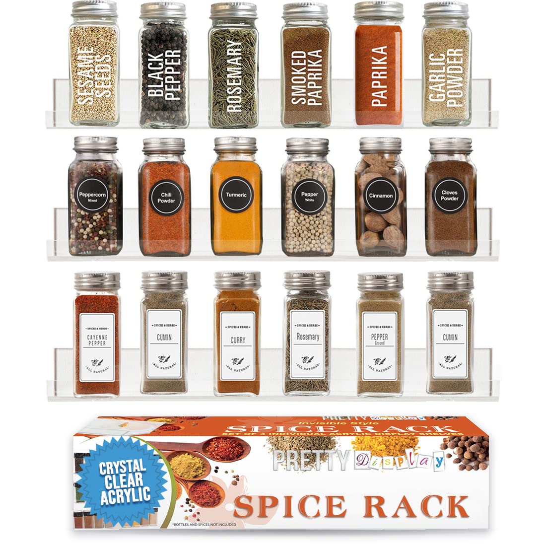 Pretty Display Wall Mount Spice Rack crystal clear Acrylic Spice Rack Organizer 3 Pk] - Invisible Minimalist Shelf Design - Stro