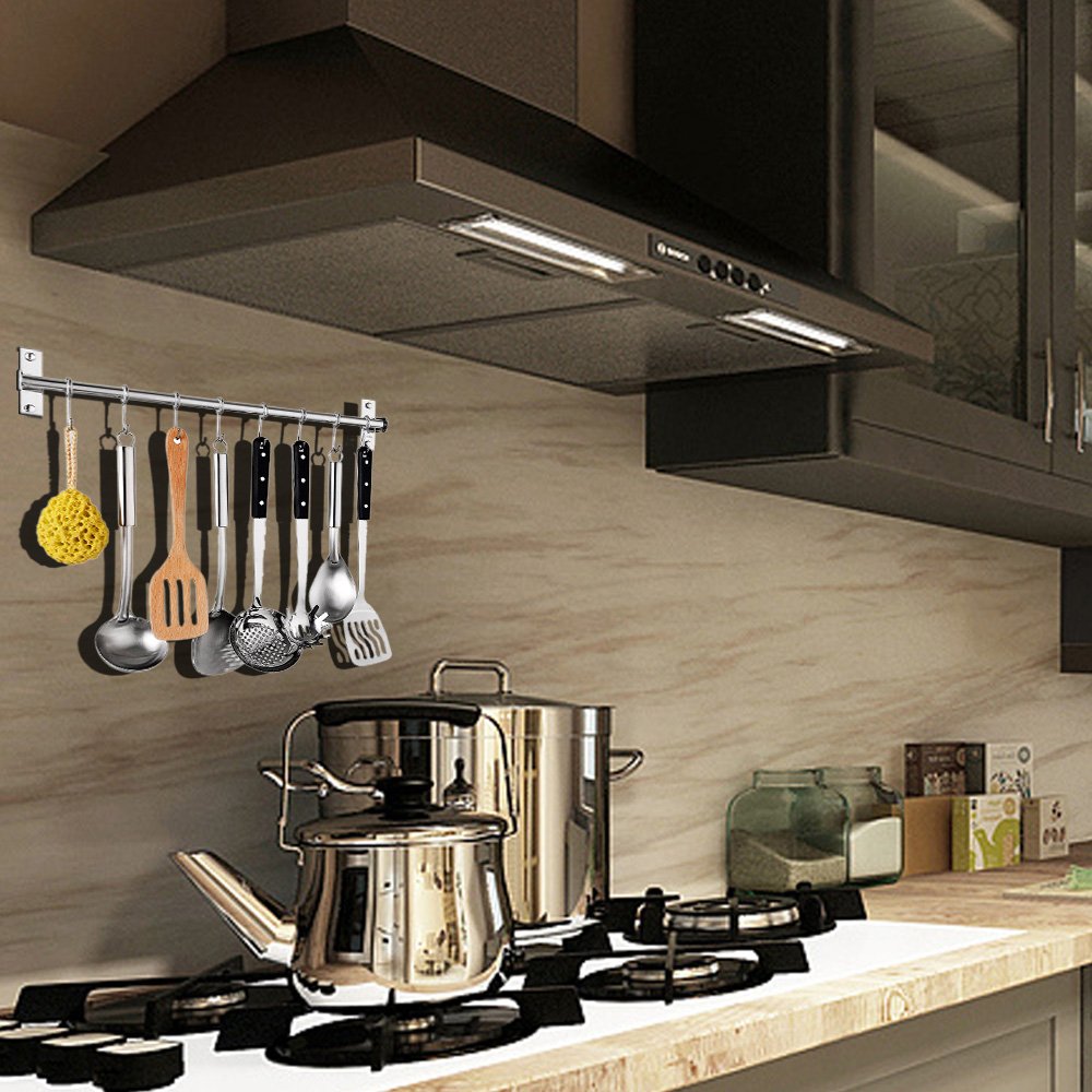 Petilleur Kitchen Sliding Hooks  Stainless Steel Hanging Rack Rail Organize Kitchen Tools with 10 Utensil Removable S Hooks for Towel  Spoon  Coats  Bathrobe  BBQ Wall Mounted Hanger (60CM 10 Hooks)