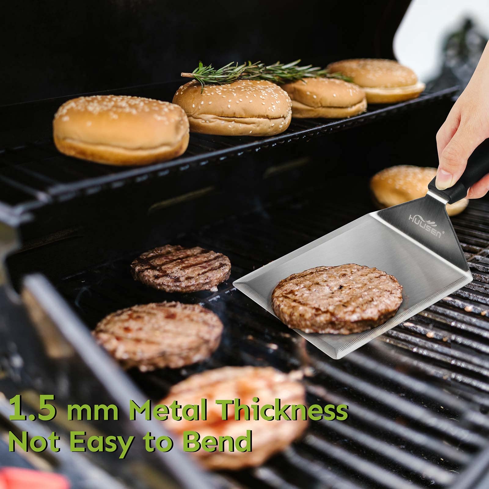 HULISEN Stainless Steel Large Grill Spatula - 6 x 5 Inch Heavy-Duty Metal Spatula with Cutting Edges  Kitchen Griddle Accessories  Smashed Burger Turner Scraper for BBQ Grill and Flat Top Griddle