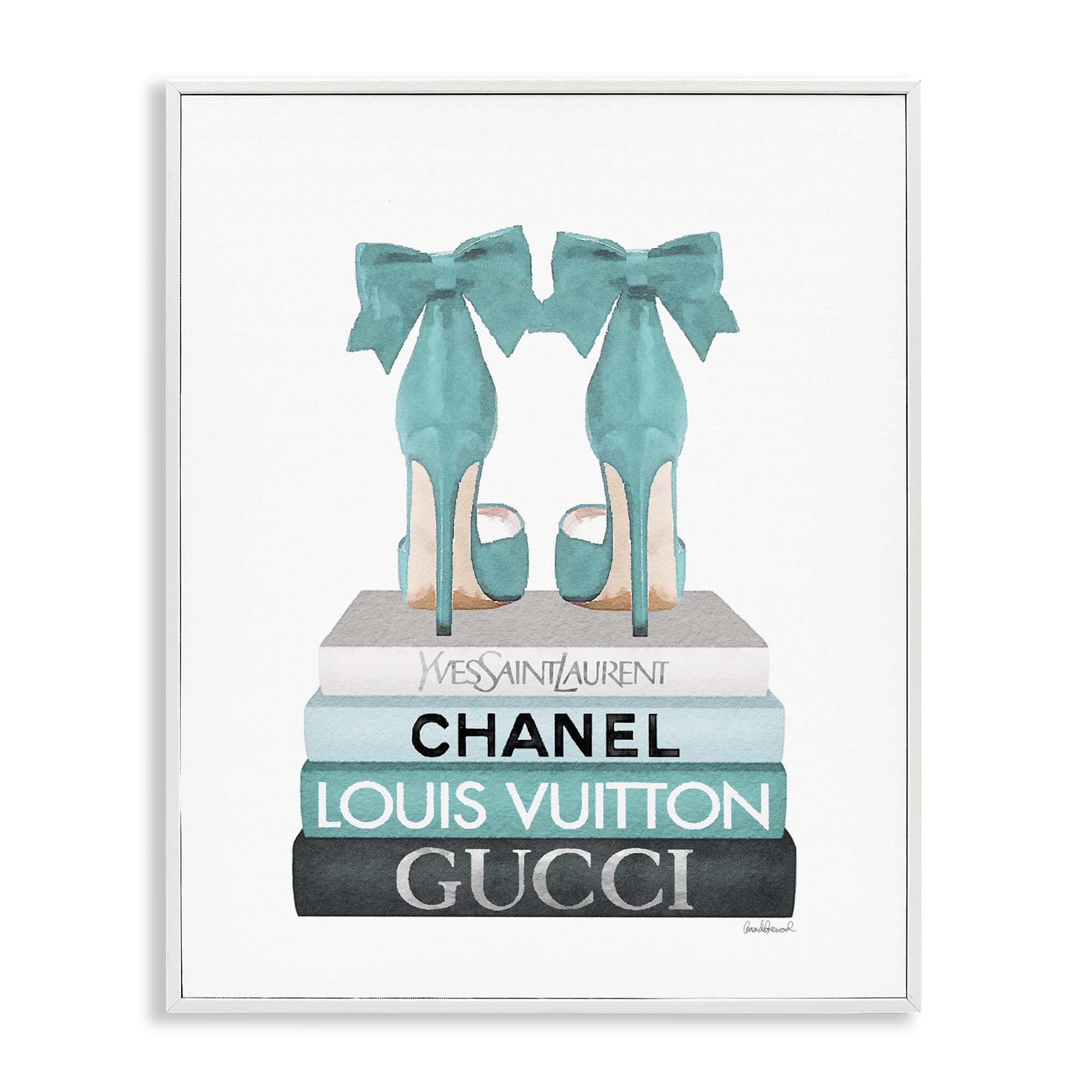 Stupell Industries Turquoise Bow Heels on Books, Framed Giclee Art, White, 16 x 20 Inches, Easy to Hang and Sturdy, Made in US