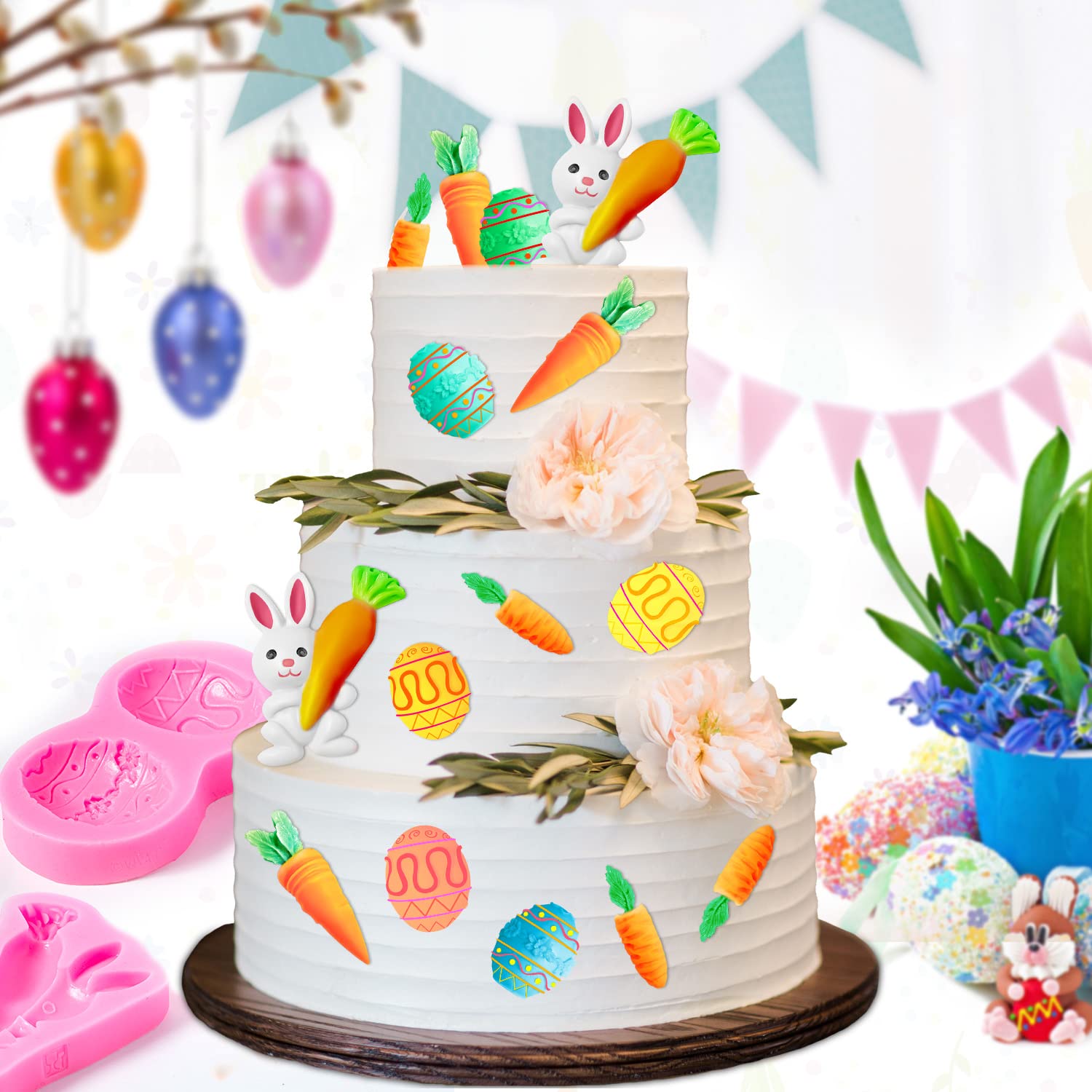 3 Pcs Easter Fondant Silicone Mold, Egg Bunny Rabbit Ears Carrot Chocolate Candy Mold, Diy Baking Tools For Baking Wedding Party