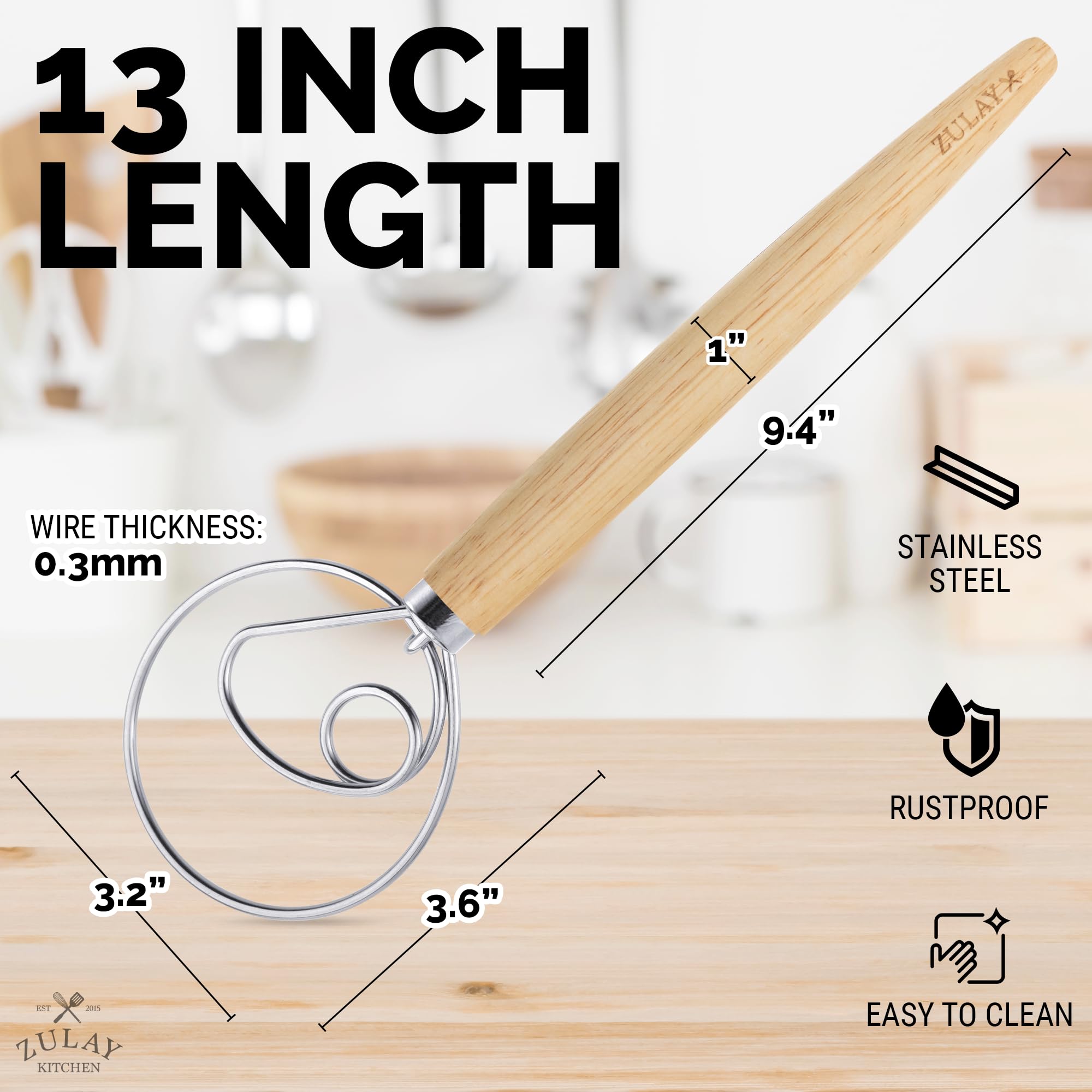 Zulay Kitchen 13-Inch Danish Dough Whisk - Wooden Danish Whisk For Dough With Stainless Steel Dough Hook - Traditional Dutch Whi