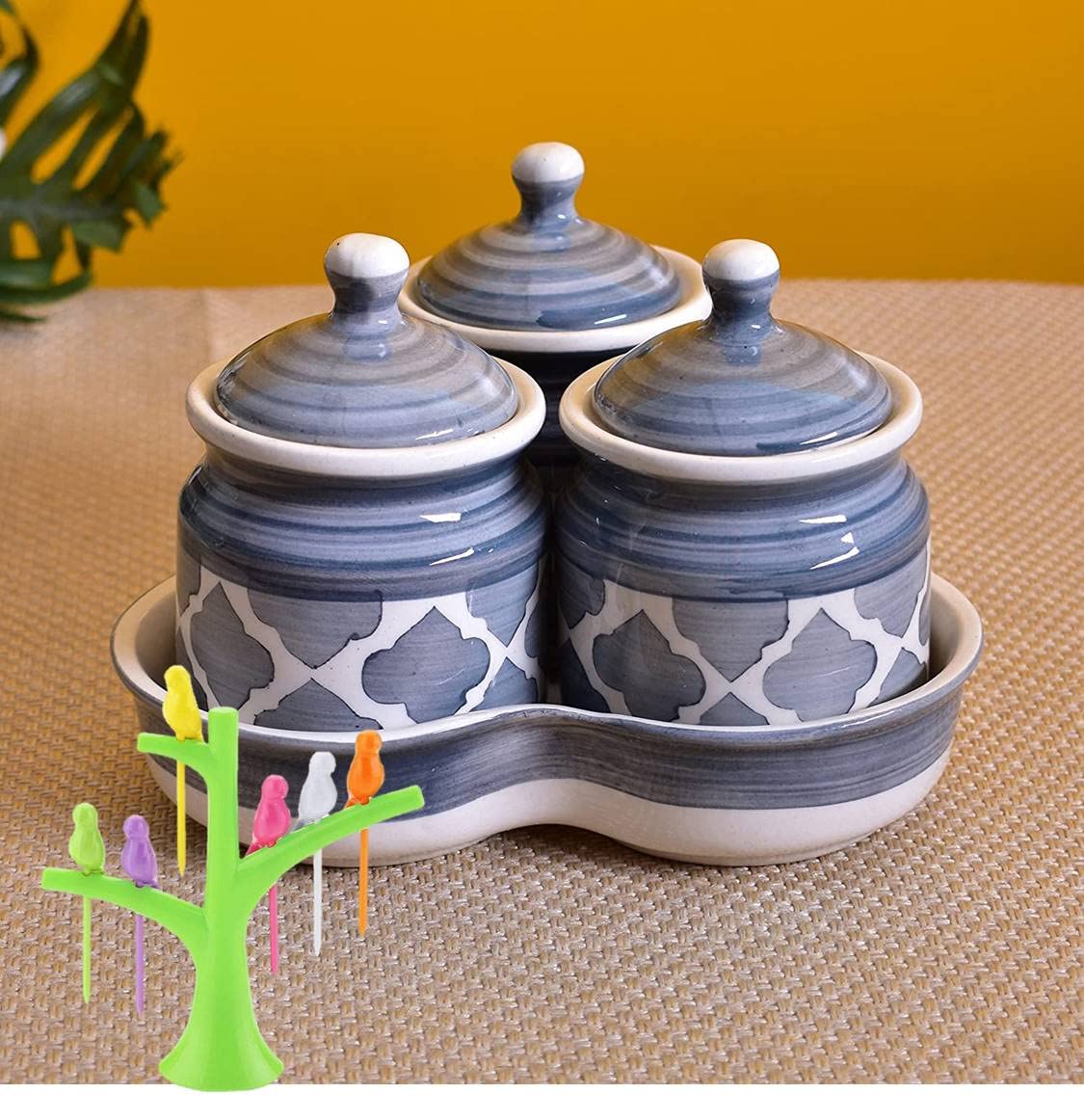 Shriyam Crafts Ceramic Pickle Jar Set Of 3 With Tray Dining Table Storage Container With Free Fruit Fork (Grey Trey Set 3)