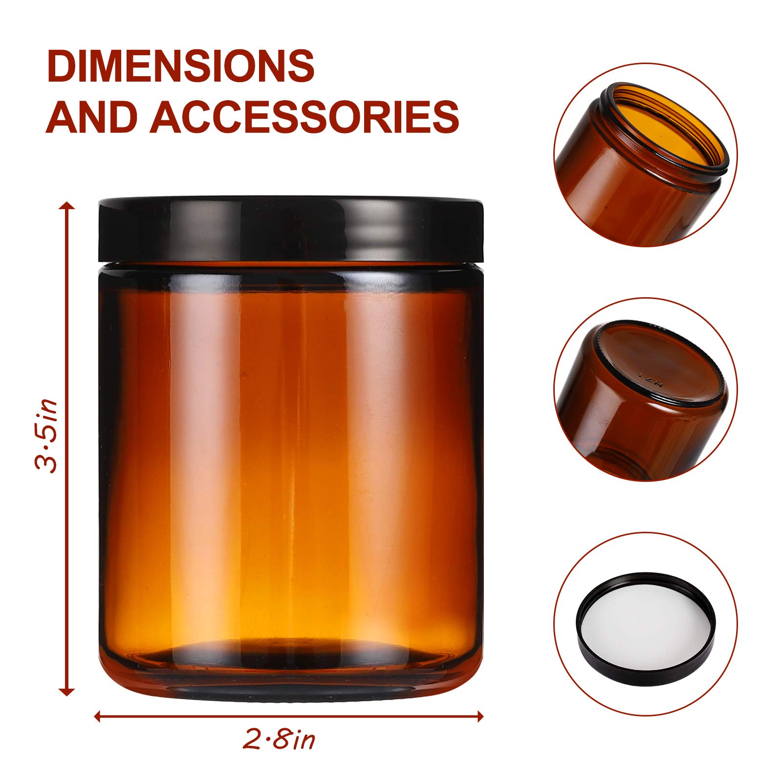 12 Pack 8 oz Amber Glass Jars with Lids  Round Empty Containers for Scrubs  Lotions  Cosmetic  Ointments and Butters  Travel Storage Jar with White Inner Liners  Black Lids  lables and Spatulas