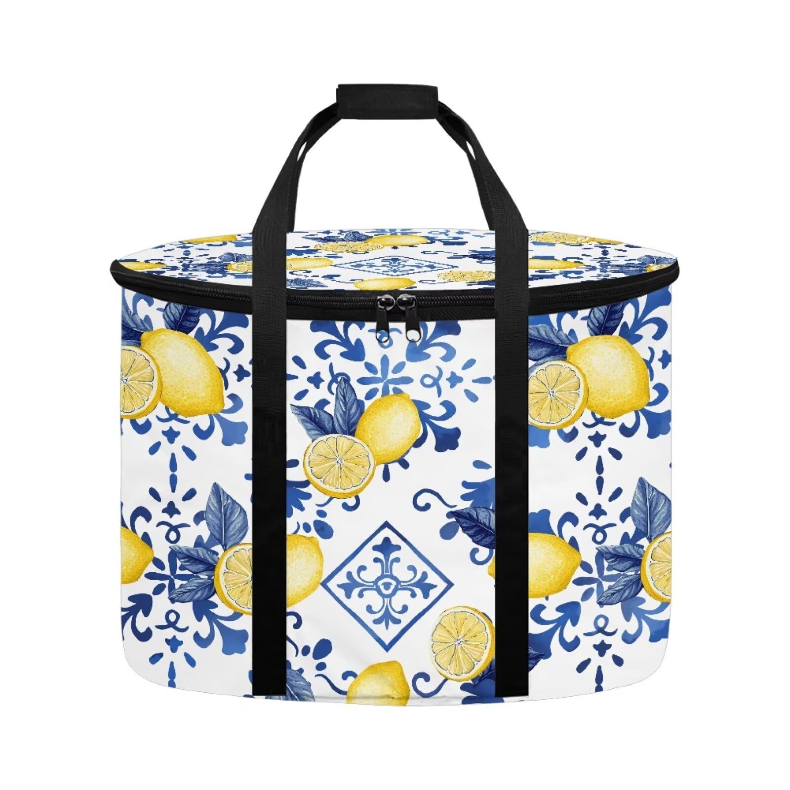 Kathyboom Portable Slow Cooker Bag with Lid Fasten Straps,Lemon Blue Plaid Insulated Carrier Fits for Most 68 Quart Oval Slow C