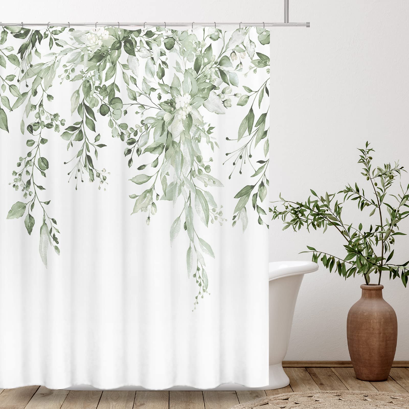 Tititex Lime Light Green Eucalyptus Shower Curtain Sets, Watercolor Leaves On The Top Plant With Floral Bathroom Decoration 72X7