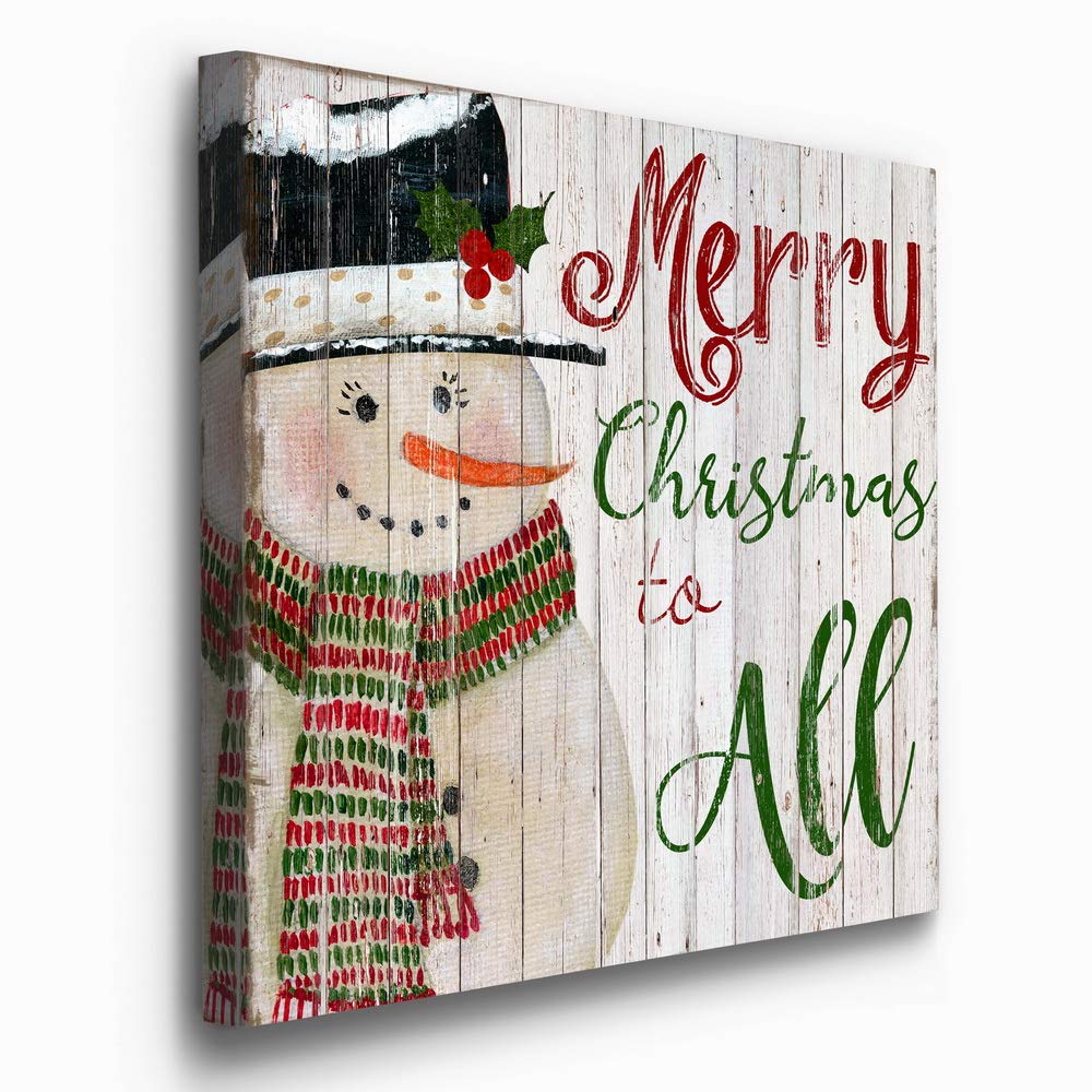 Renditions Gallery Merry Christmas To All Snowman Wall Art, Winter Artwork, Vintage Faded Faux Wood Design, Premium Gallery Wrap