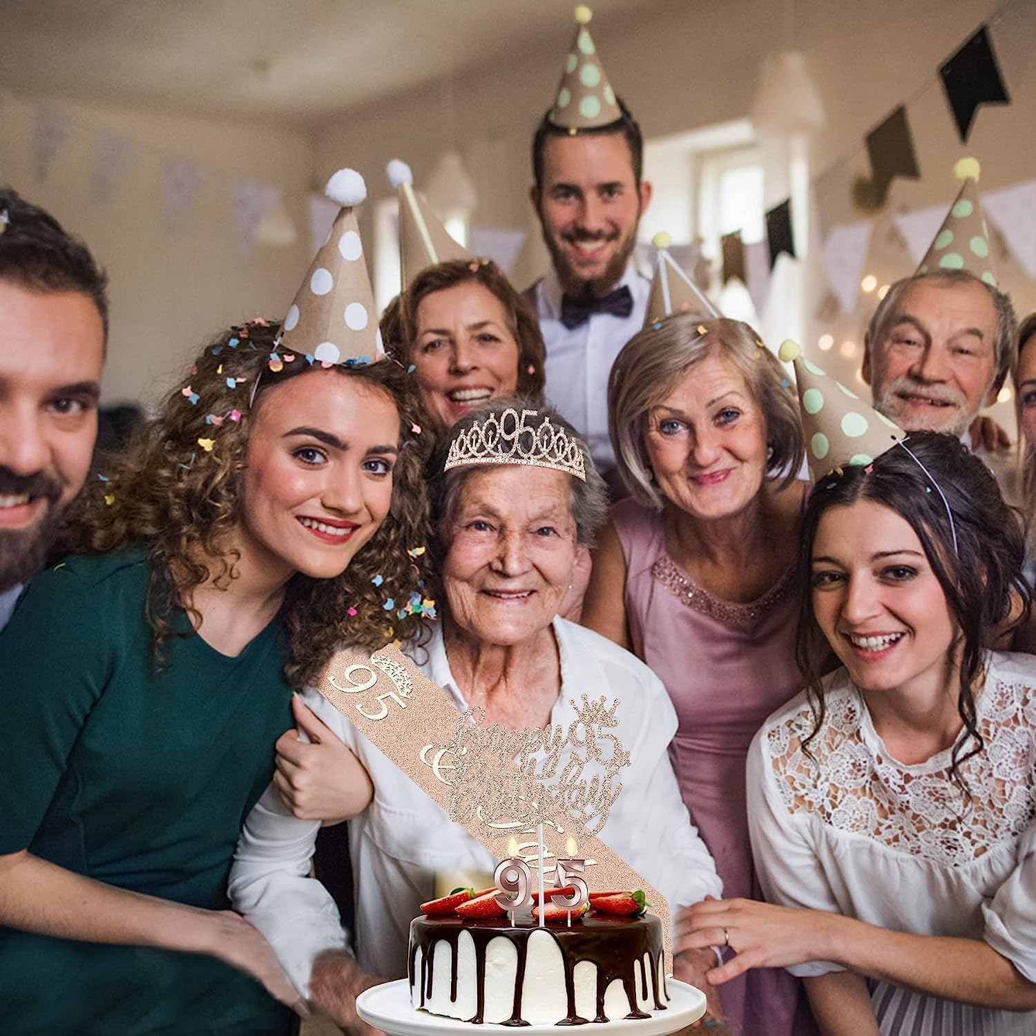 YeohJoy 95th Birthday Party Decorations Set - Rose Gold Sash, Crown, Cake Topper, Number Balloons & Candles for 95 Year Old