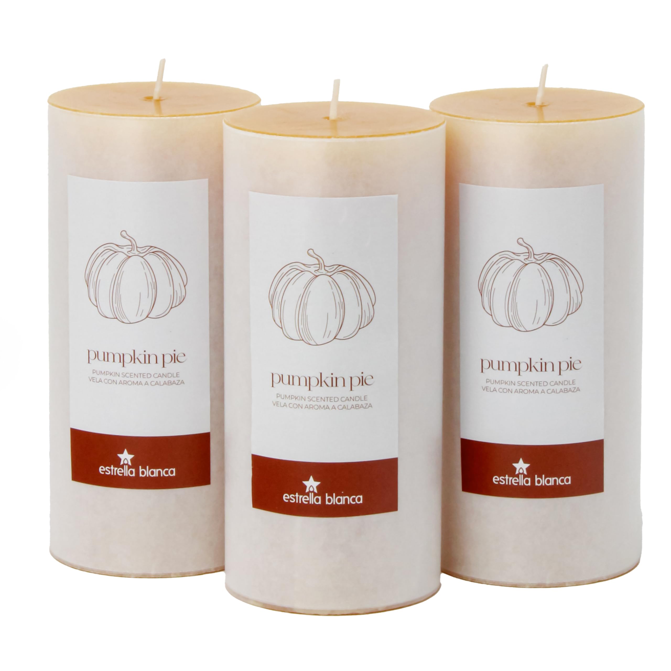Estrella Blanca Pumpkin Pie Scented Orange Pillar Candles, 3x6 Inch Set of 3, Long Lasting Fall Candles for Home Decor, Thanksgi