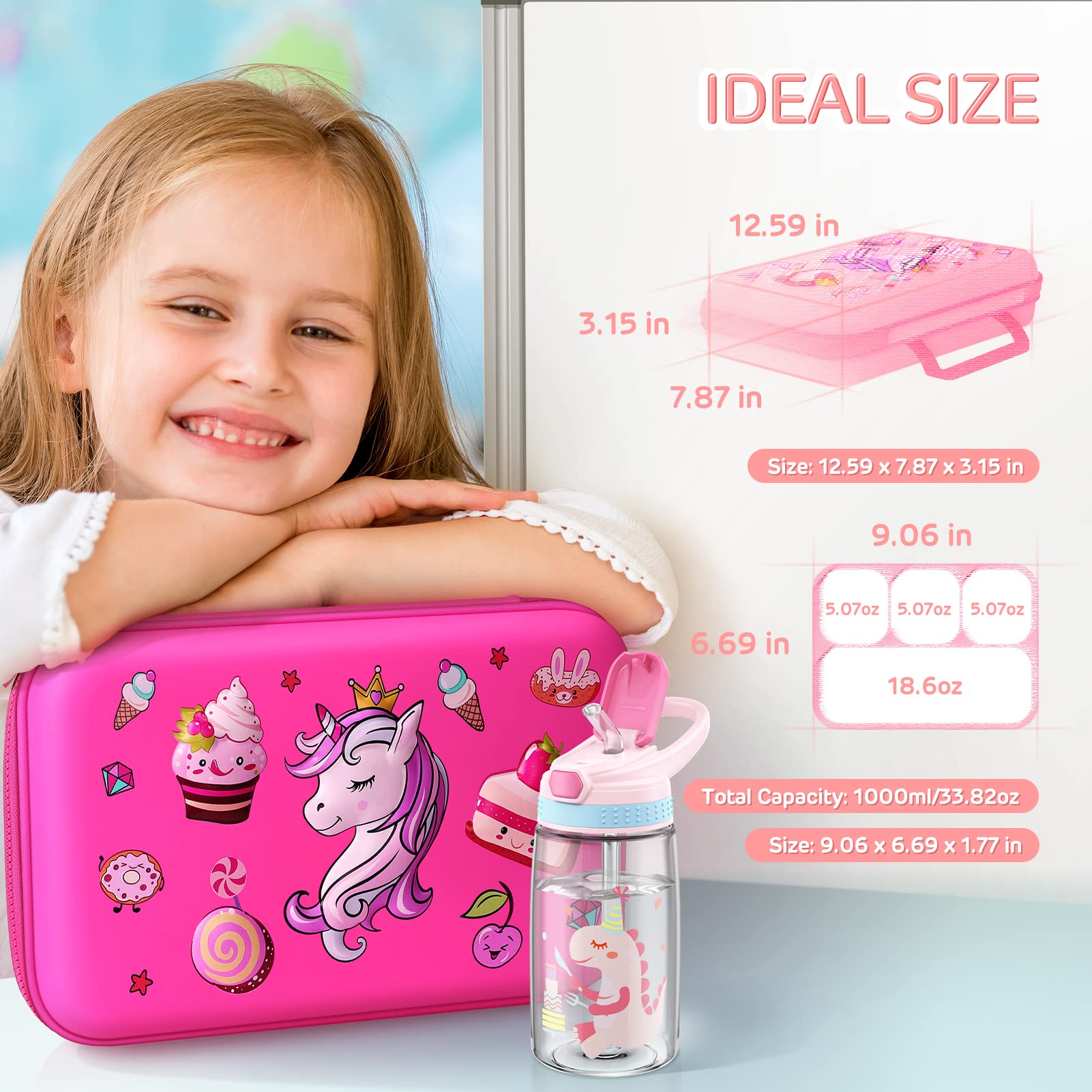 Unicorn Insulated Lunch Bag Set 18Pcs Bento Lunch Box For Kids, Bento-Style Leakproof 4 Compartments Lunch Container Water Bottl