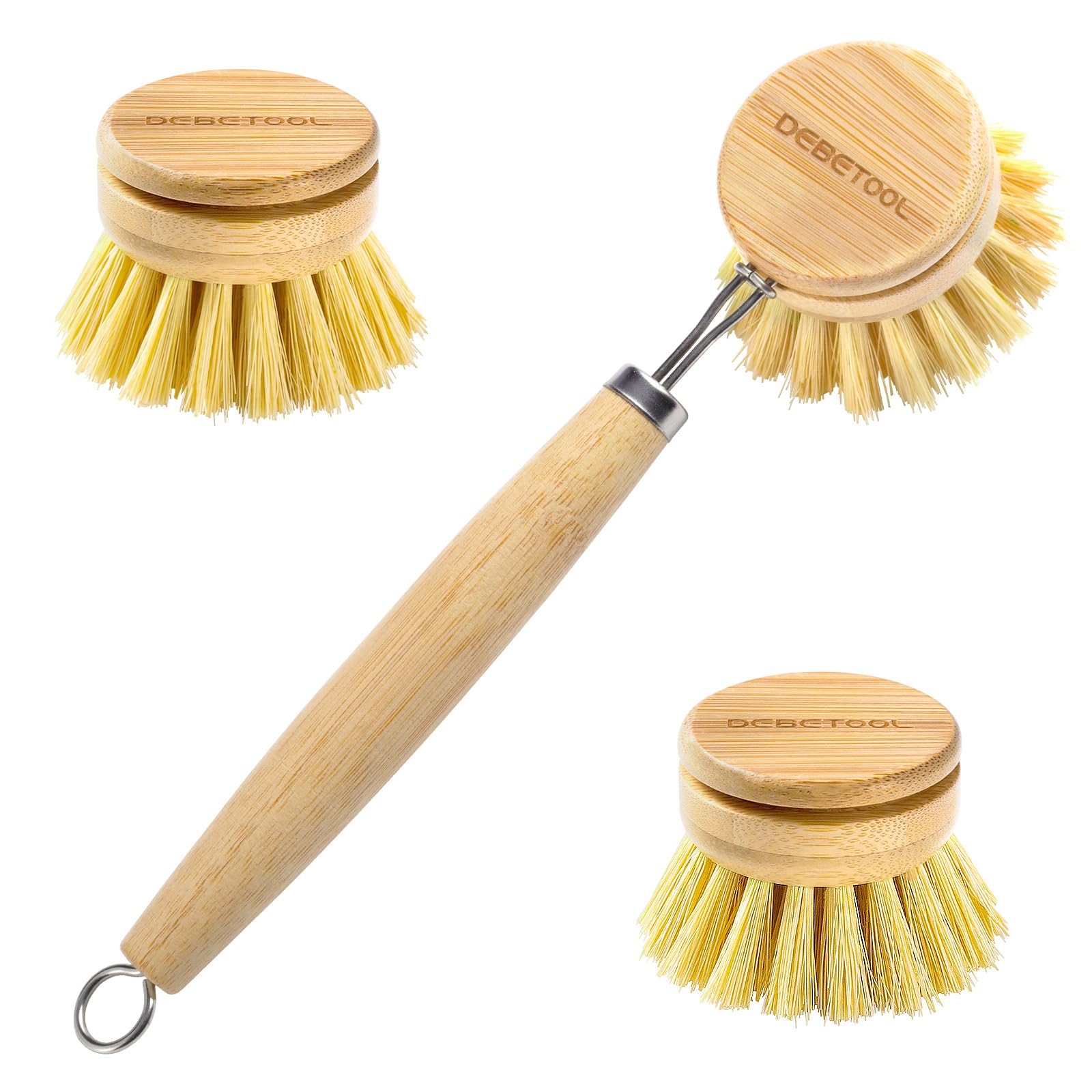 Debetool Bamboo Pot Dish Brush,3 Pack Natural Wooden Scrub Brush With Sisal Fiber,Suitable For Dishes,Pans,Pot And Other Utensil