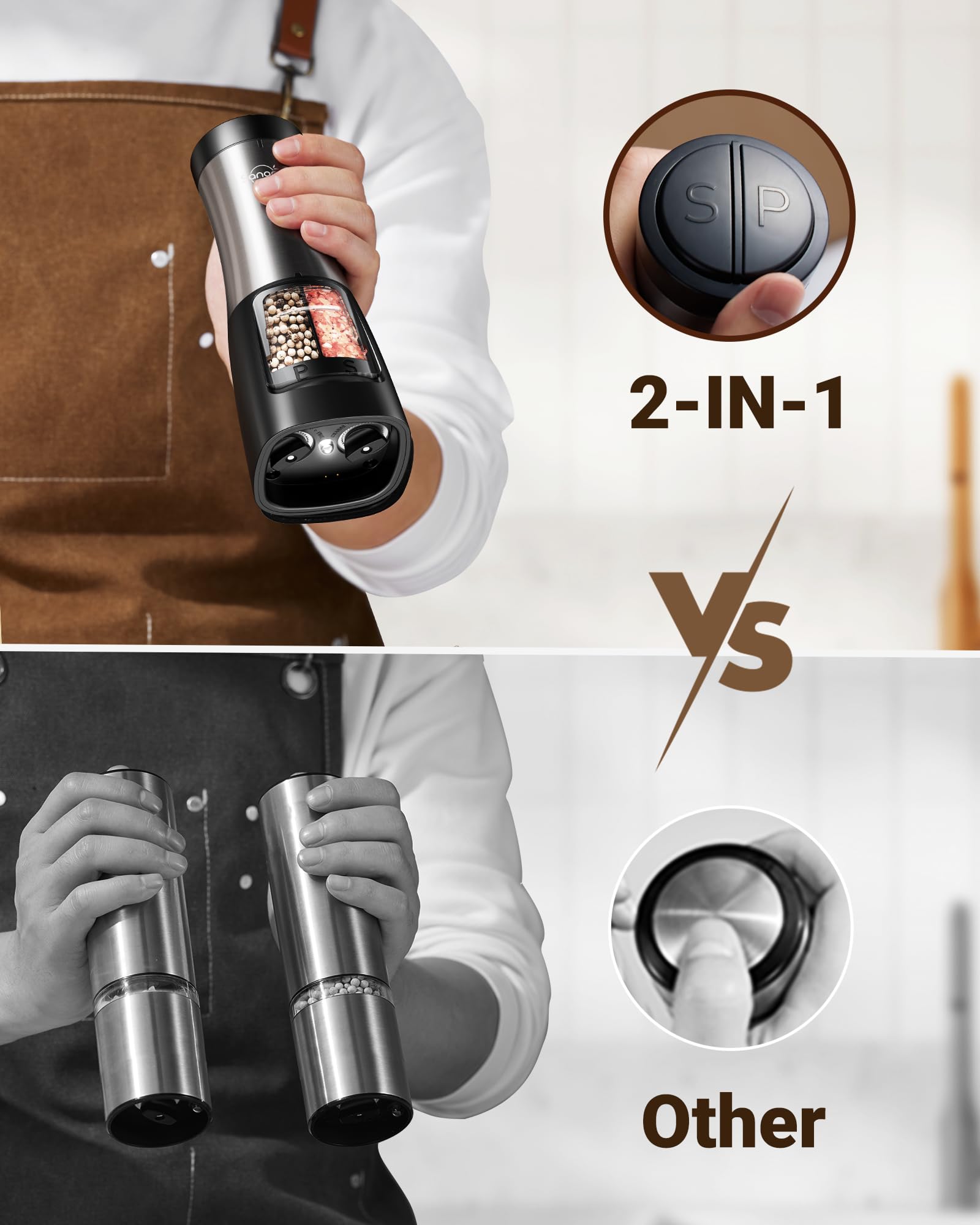 Sangcon Electric Salt and Pepper Grinder Set Shaker 2 IN 1 - USB RECHARGEABLE Salt and Pepper Mill with Charging Base, Adjustabl