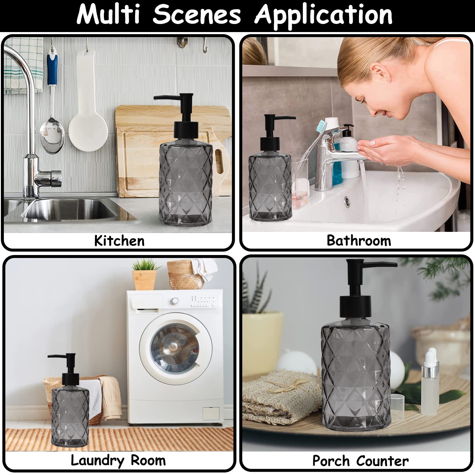 Glass Soap Dispenser With Black Plastic Pump, 12Oz Refillable Liquid Hand Soap Dispenser, 2 Pack Crystal Lotion Bottle For Moder