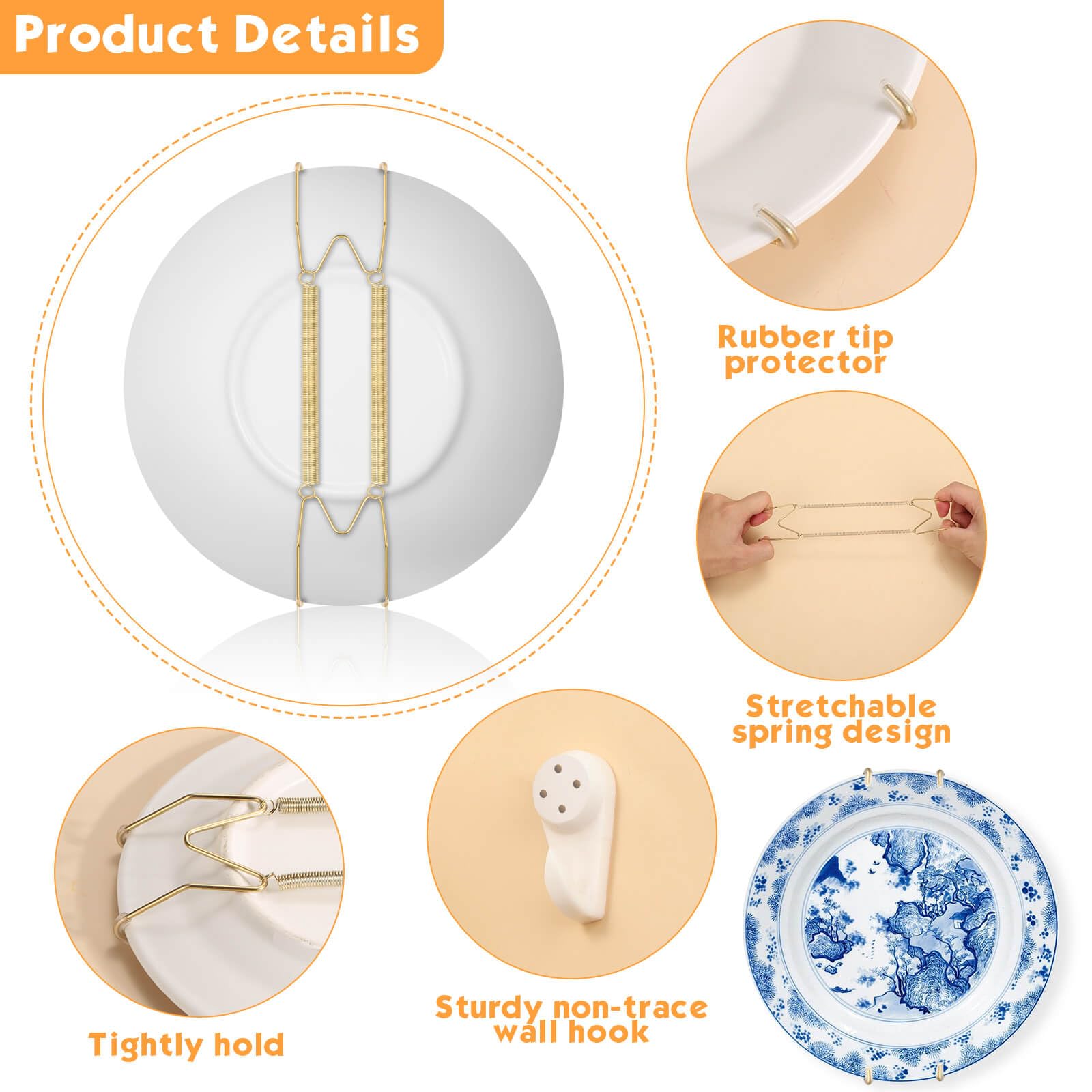 Tetutor 7 pcs Plate Hangers for The Wall, 4/6/8/10/12 Inch Invisible Decorative Wall Plate Hangers, Stainless Steel Plates Walls