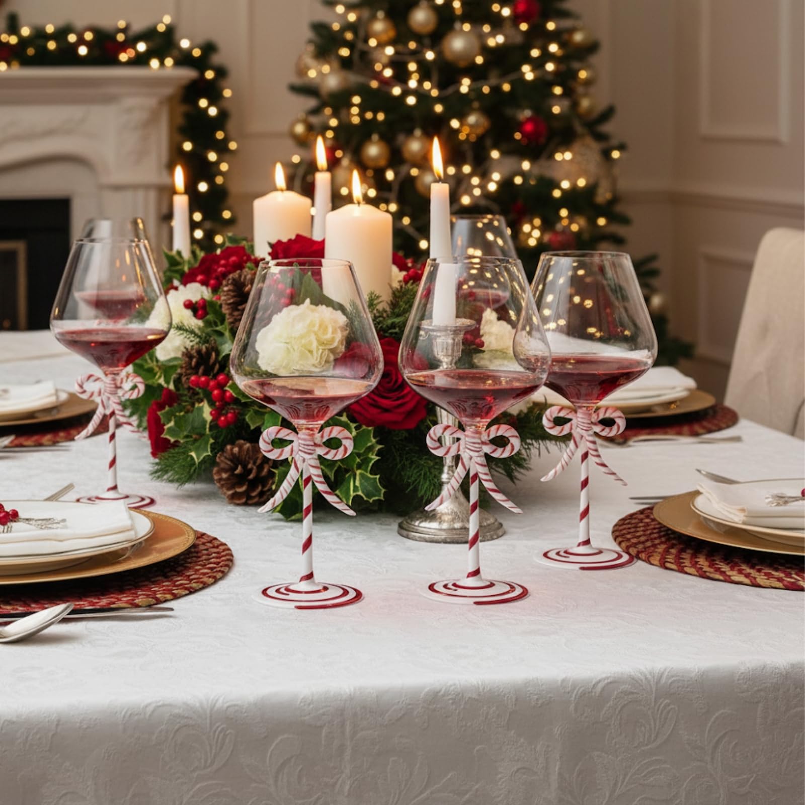 Khen Christmas Candy Cane Bow Wine Glasses - Set of 2