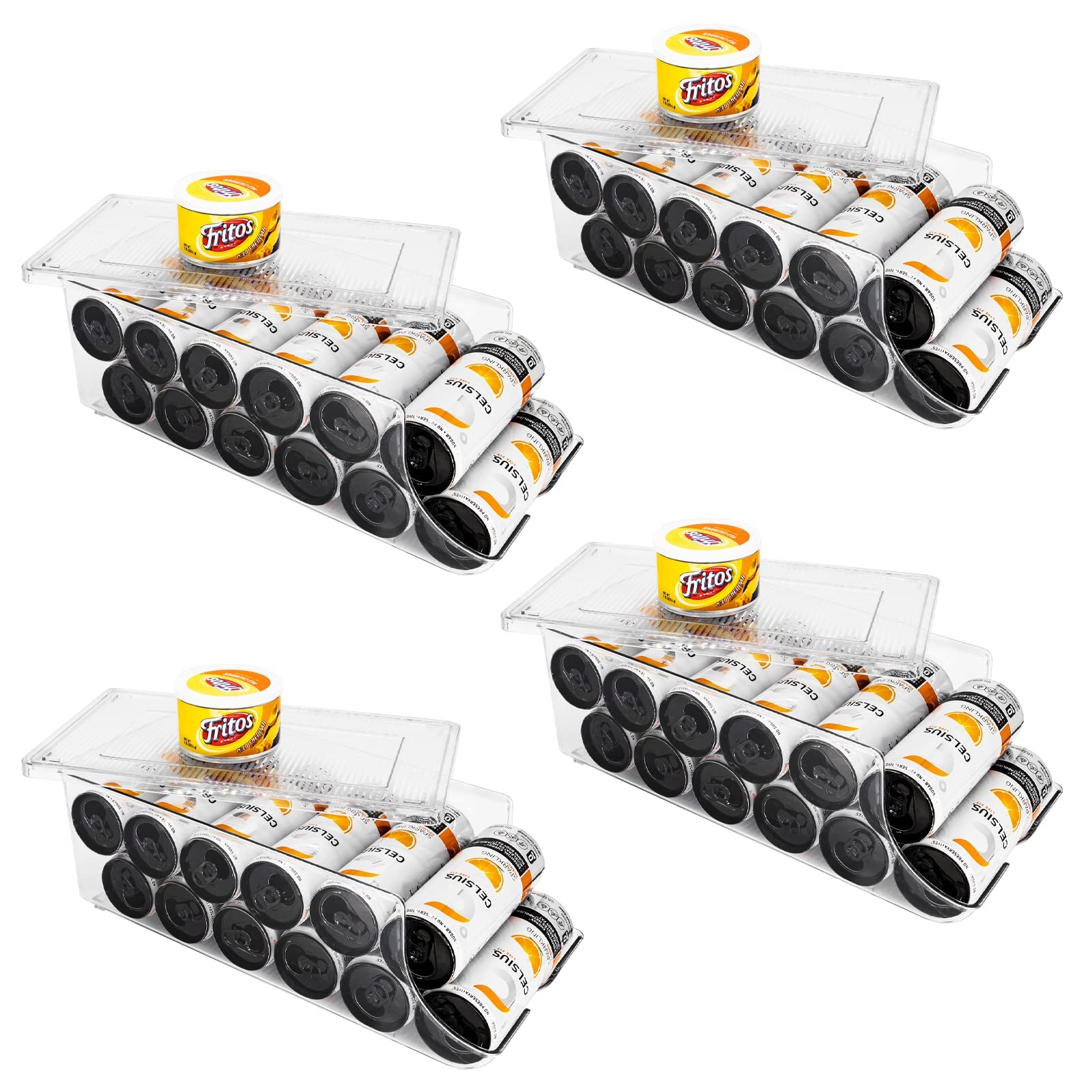 SCAVATA 4 Pack Skinny Can Organizer for Refrigerator, Stackable Tall Skinny Soda Pop Can Holder Dispenser with Lid for Fridge Pa