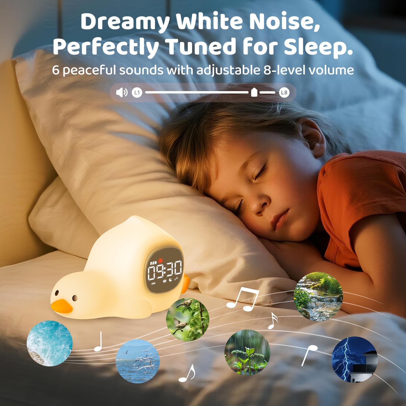Aokpsrt Laying Duck Alarm Clock with Night Light, Sleep Training Sound Machine, Rechargeable Silicone Lamp, White
