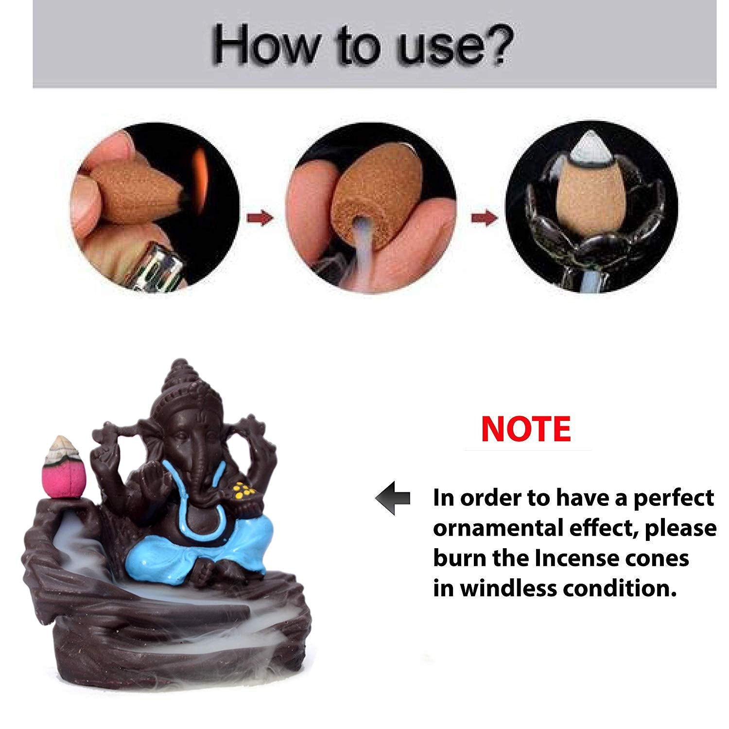 BG Bazzar Gali Set of 3 pcs. Lord Bal Ganesha Smoke Fountain Ceramic Incense Burner with 30 Backflow Cones Incense with Each Gan