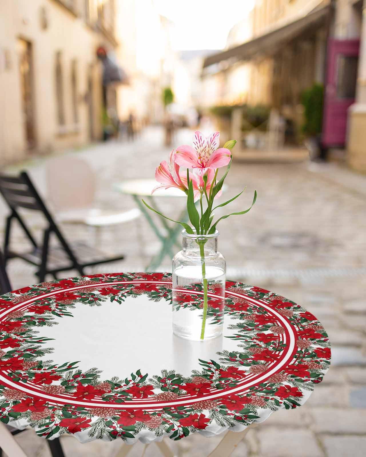 Christmas Day Round Fitted Table Cover For Dining Tables,Elastic Edged Tablecloth Red Poinsettia Flower Berries Wreath Waterproo