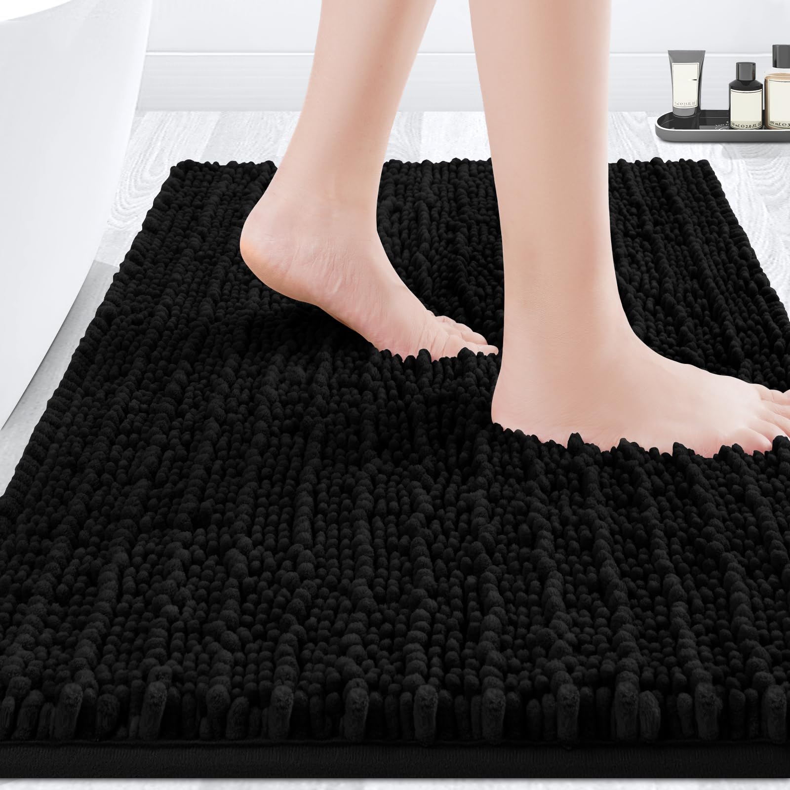 Accumtek Upgrade Luxury Black Bathroom Rug Mat 32''X20'', Ultra Soft Thick Absorbent Bath Mats, Non Slip Chenille Toilet Mat For