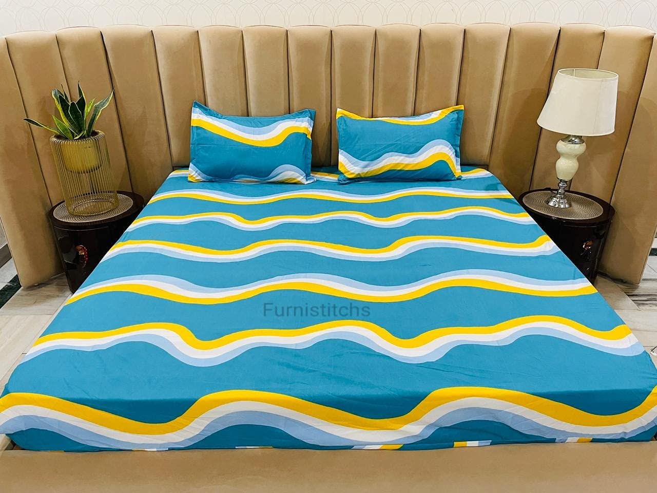 Furnistitchs King Size Bed Cover Elastic Fitted Bedsheet With 2 Pillow Covers 72X78X8 (Sea Waves)