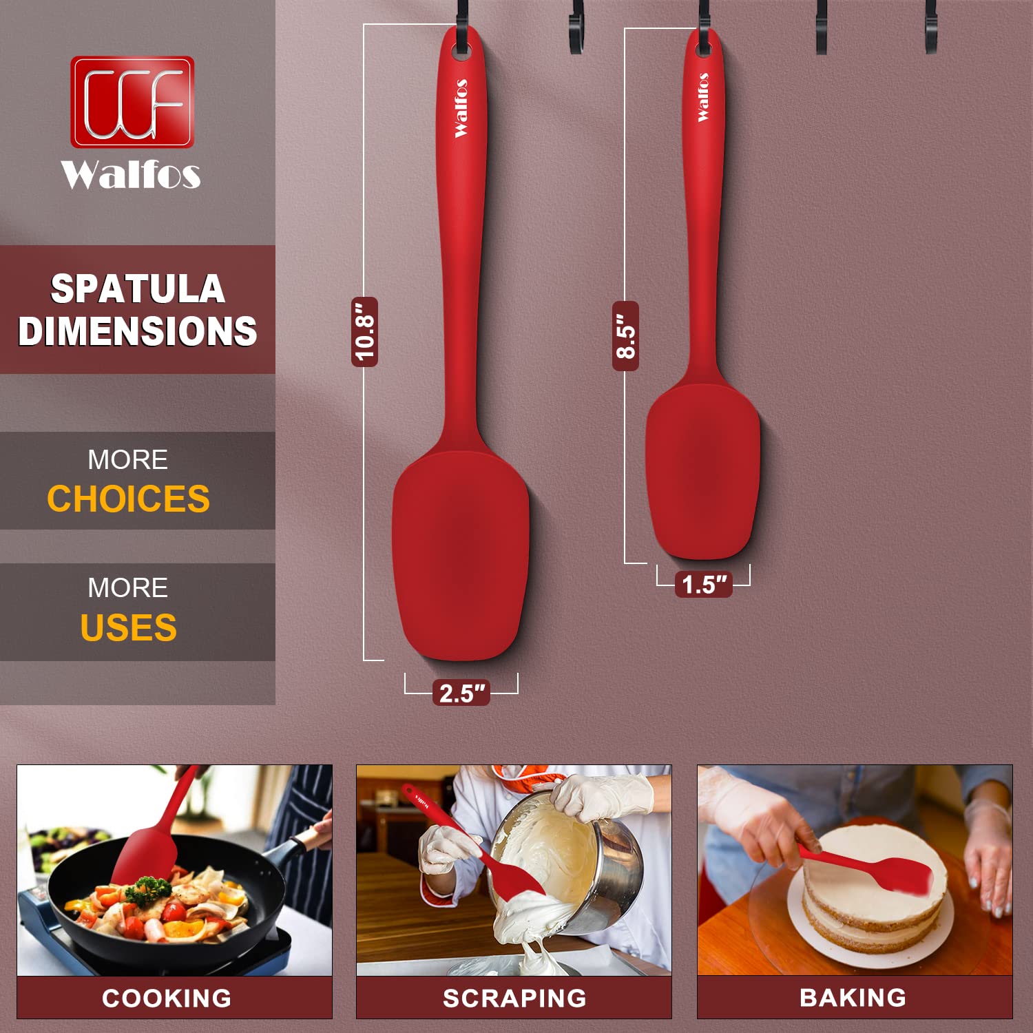 Walfos Silicone Spatula - 600F High Heat Resistant Kitchen Spoon Spatulas, Strong Steel Core & One-Pieces Seamless Design, Perfe