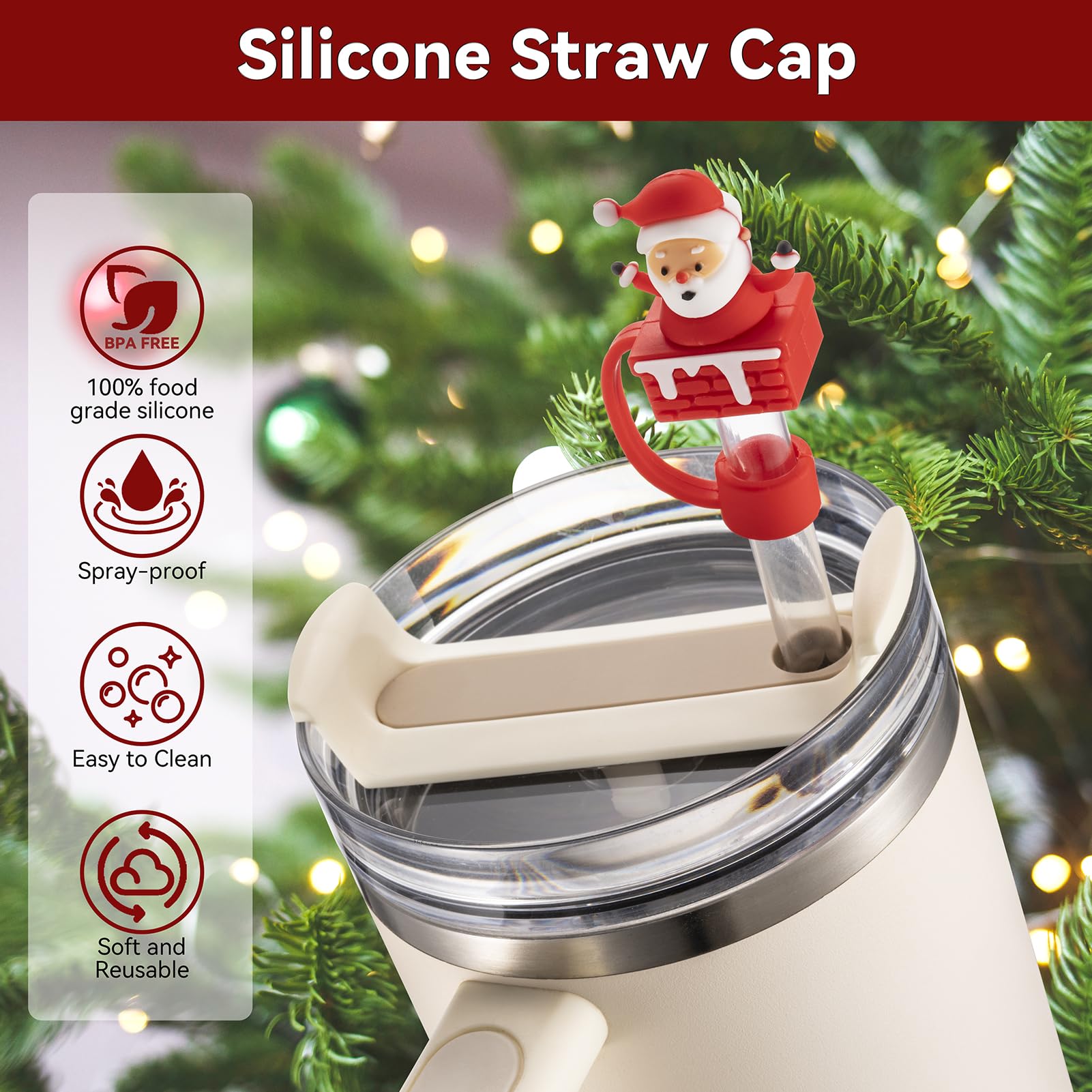 Straw Cover Cap for Stanley Cup 30 40 oz, Silicone Straw Toppers Christmas Hat, Tumbler Cup Accessories for 10mm 0.4in Straws Cu