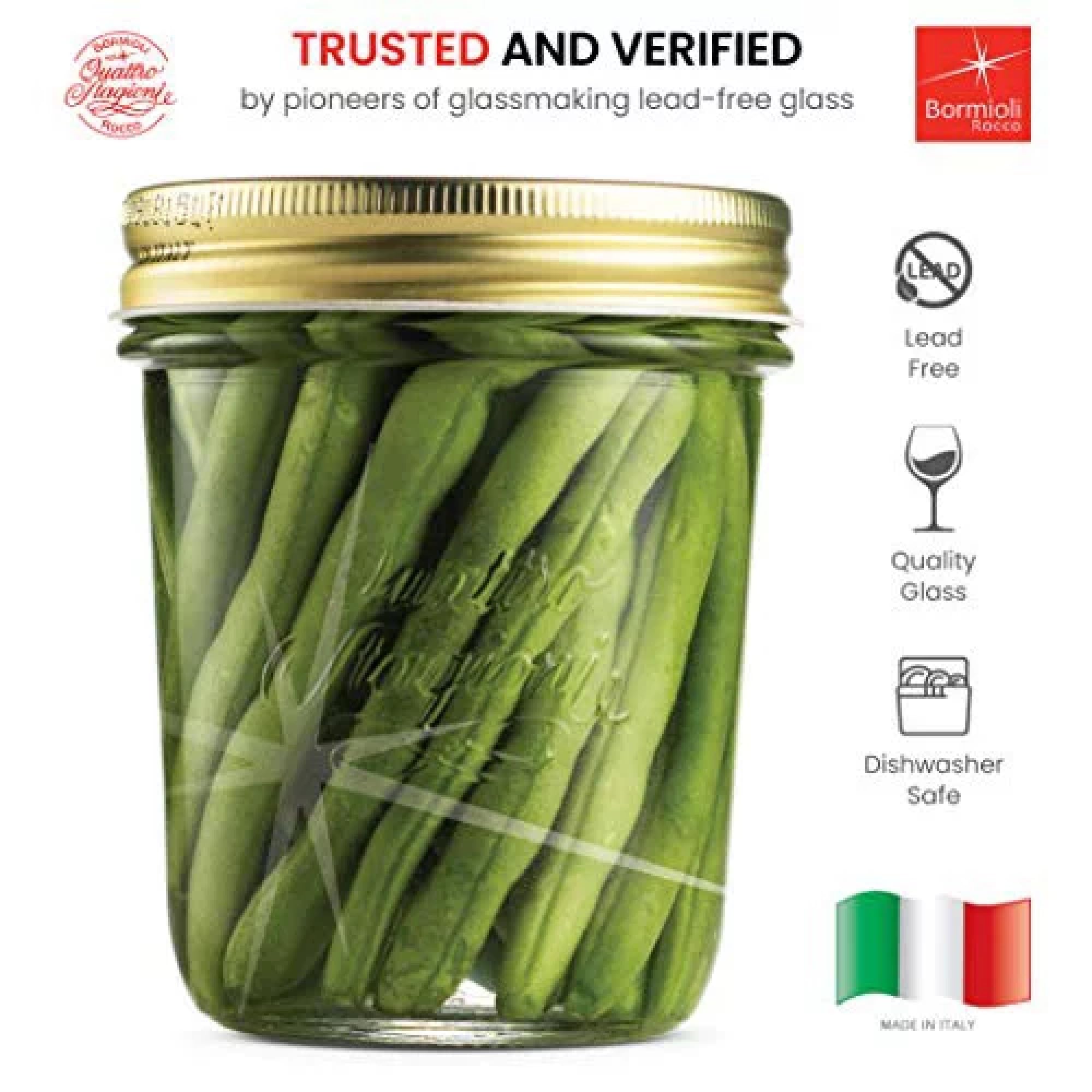 Bormioli Rocco Quattro Stagioni Set Of 6 Clear Airtight Mason Jars, 10.75 Oz. Made From Durable Glass, Made In Italy.