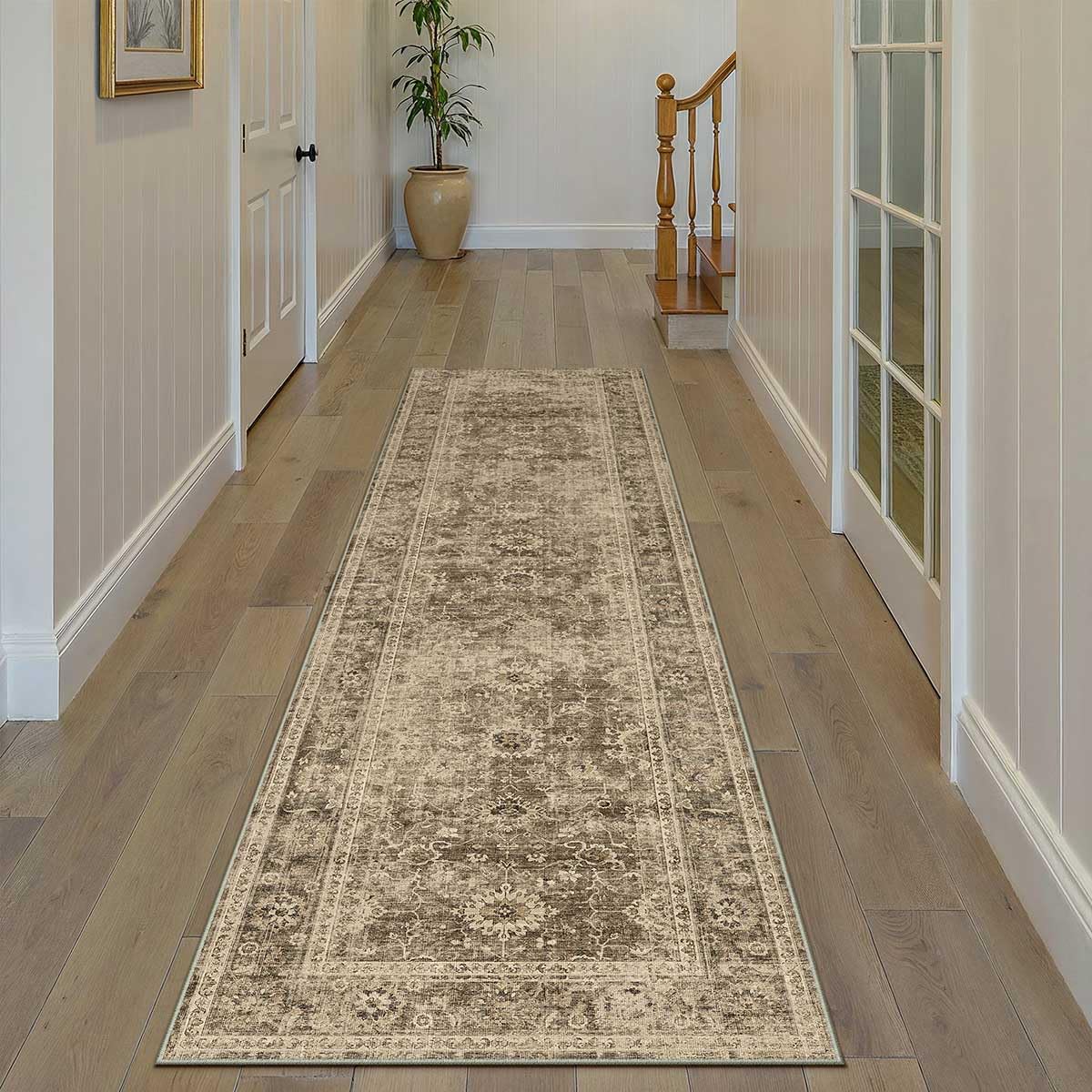 WondRg 3x8 Washable Runner Rug for Kitchen Hallway Brown Vintage Non-Slip Low Pile Distressed Rustic Carpet Lightweight Vacuumab