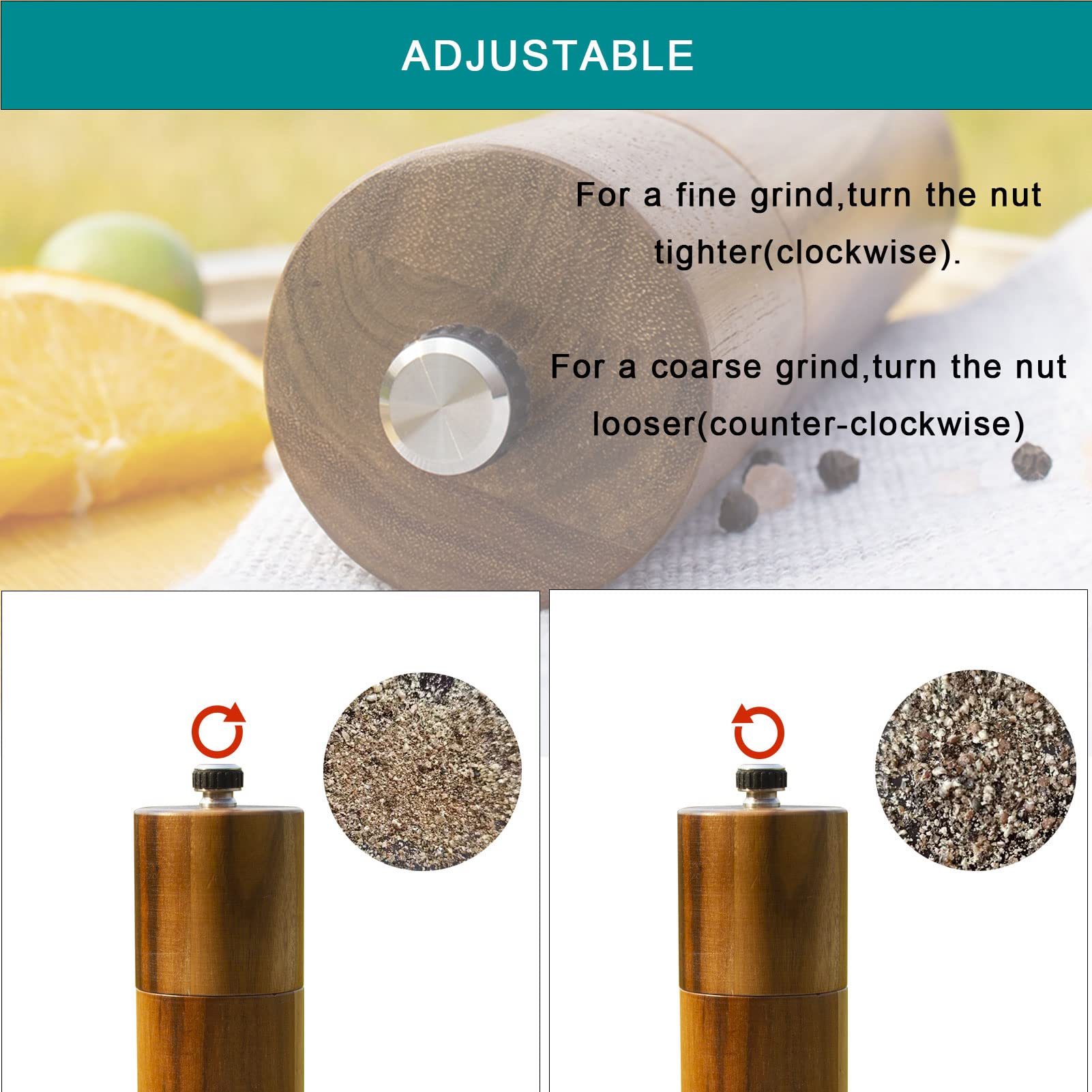 Yvake Wooden Salt And Pepper Grinder,8 Inch Manual Salt And Pepper Mill, Adjustable Coarseness And Refillable,Acacia Wood Pepper