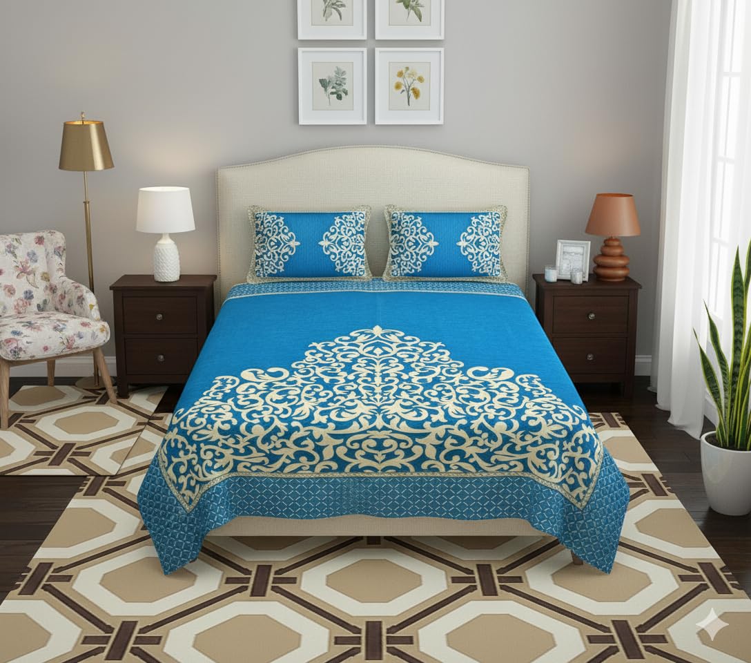 Fresh From Loom Velvet Bedsheet 500 Tc (Blue - Double Bed King Size- 90 X100 Inch), 1 Bedsheet With 2 Pillow Cover