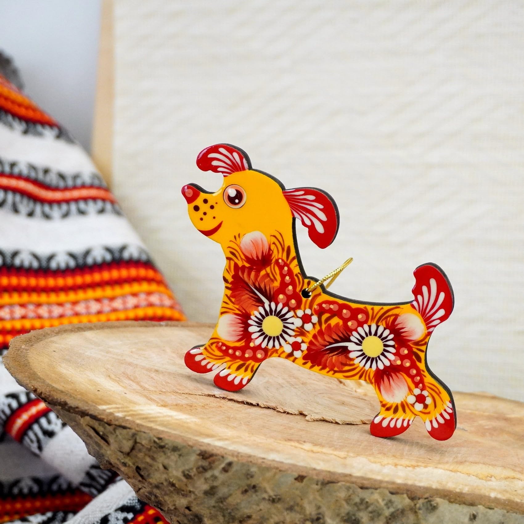 Dog Hanging Ornament For Christmas Tree 3.9 x 3 x 0.2 inches Handcrafted with Floral Patterns of Ukrainian Petrykivka Painting -