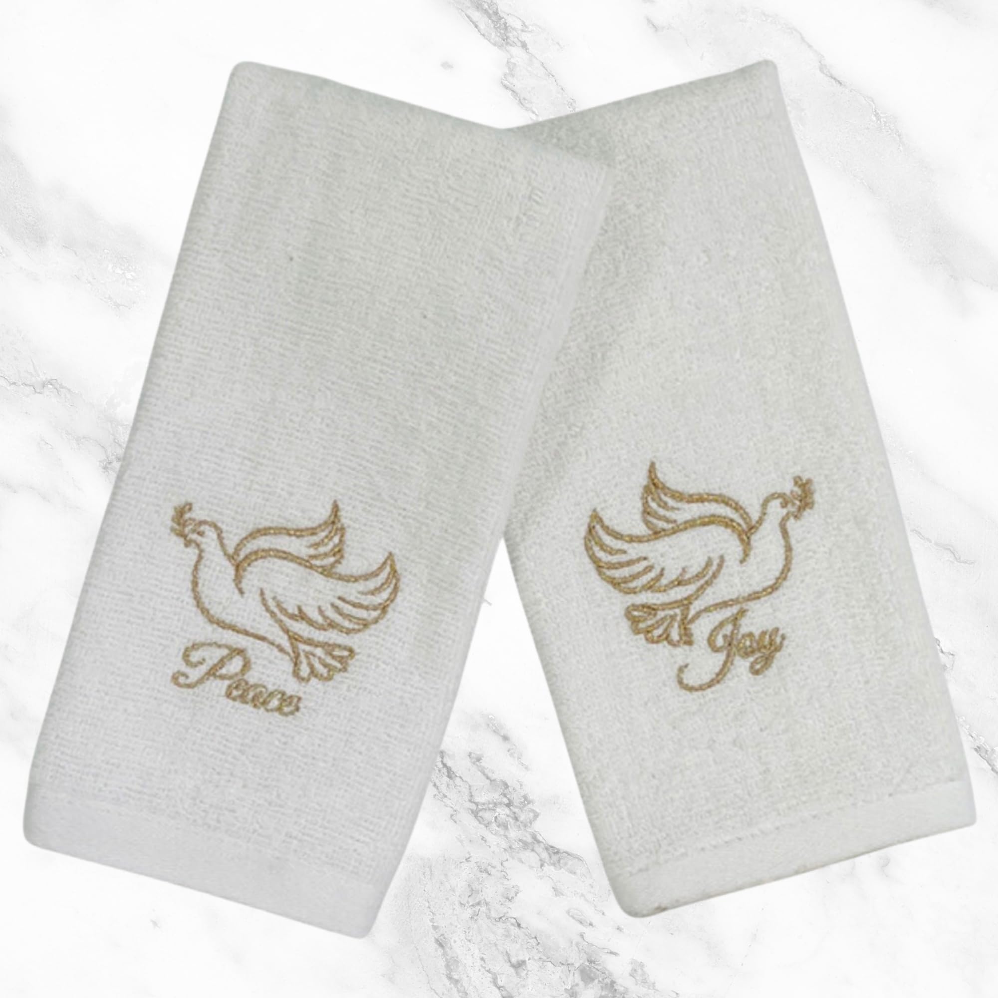 Decorative Christmas Theme Towel Set: Luxury Bathroom Plush Velour Cotton Fingertip Towels Of Gold Embroidered Doves With Peace